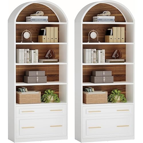 Tribesigns 76.8" Tall Arched Bookcase Set of 2, 5-Tier Bookshelf with File Cabinet Drawer, Modern Freestanding Wooden Bookshelves, Large Open Display Storage Shelves for Home Office, Living Room