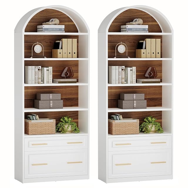 Tribesigns 76 8 Tall Arched Bookcase Set of 2 5-Tier Bookshelf with File Cabinet Drawer Modern Freestanding Wooden