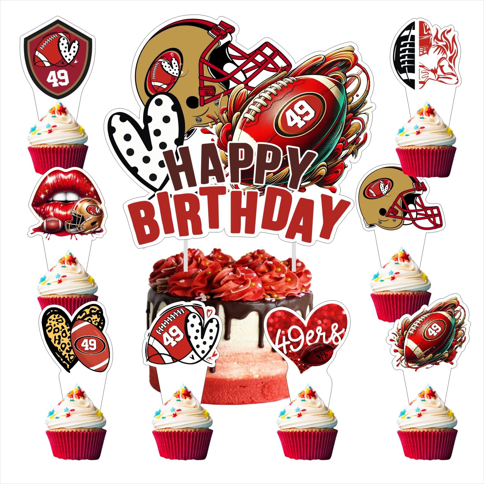 25pcs 49 Football Birthday Decorations with 24pcs Cupcake Toppers,1pcs Cake Topper for Football Birthday Party Supplies.