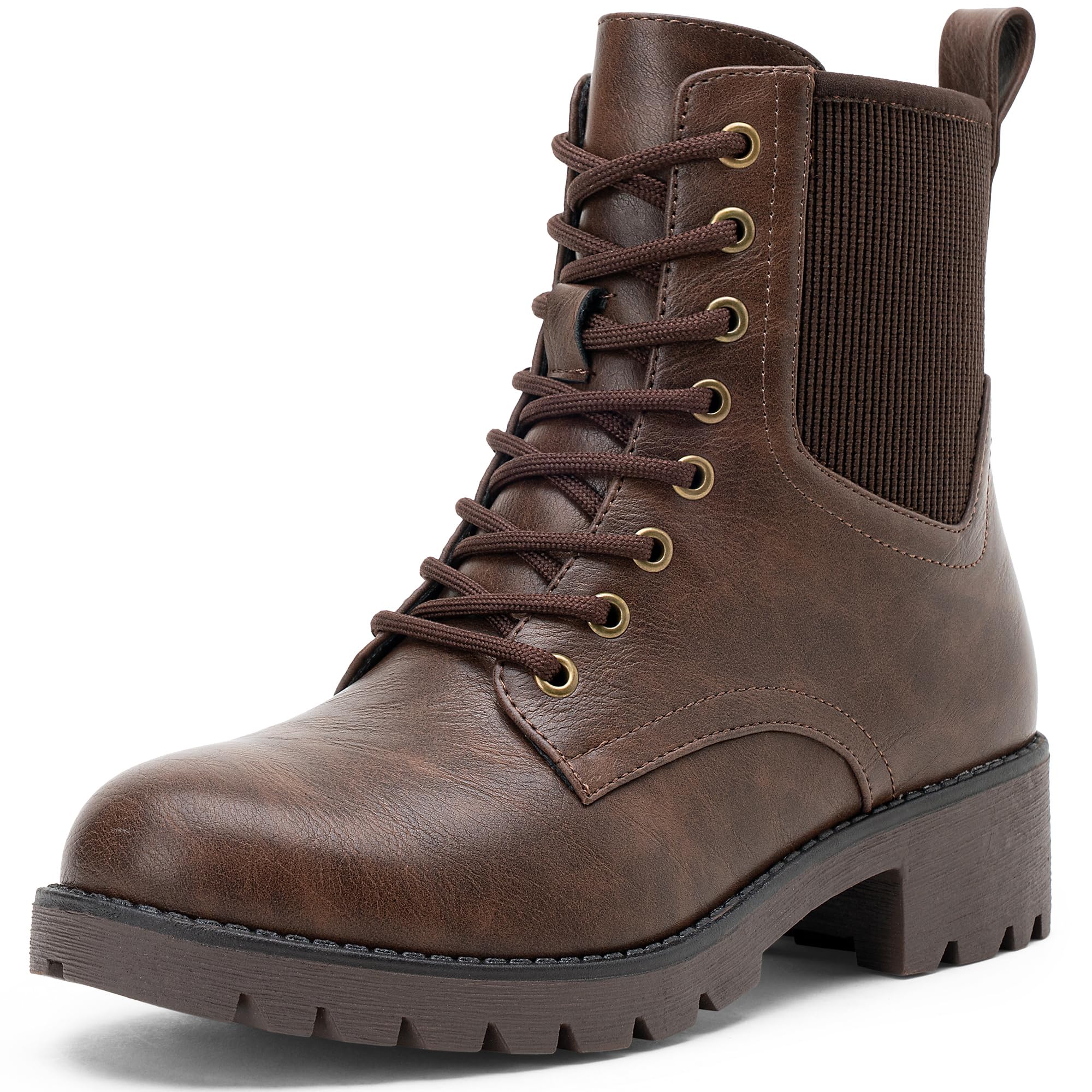 Vepose Women's Lace Up Combat Ankle Boots with Zipper and Lug Sole