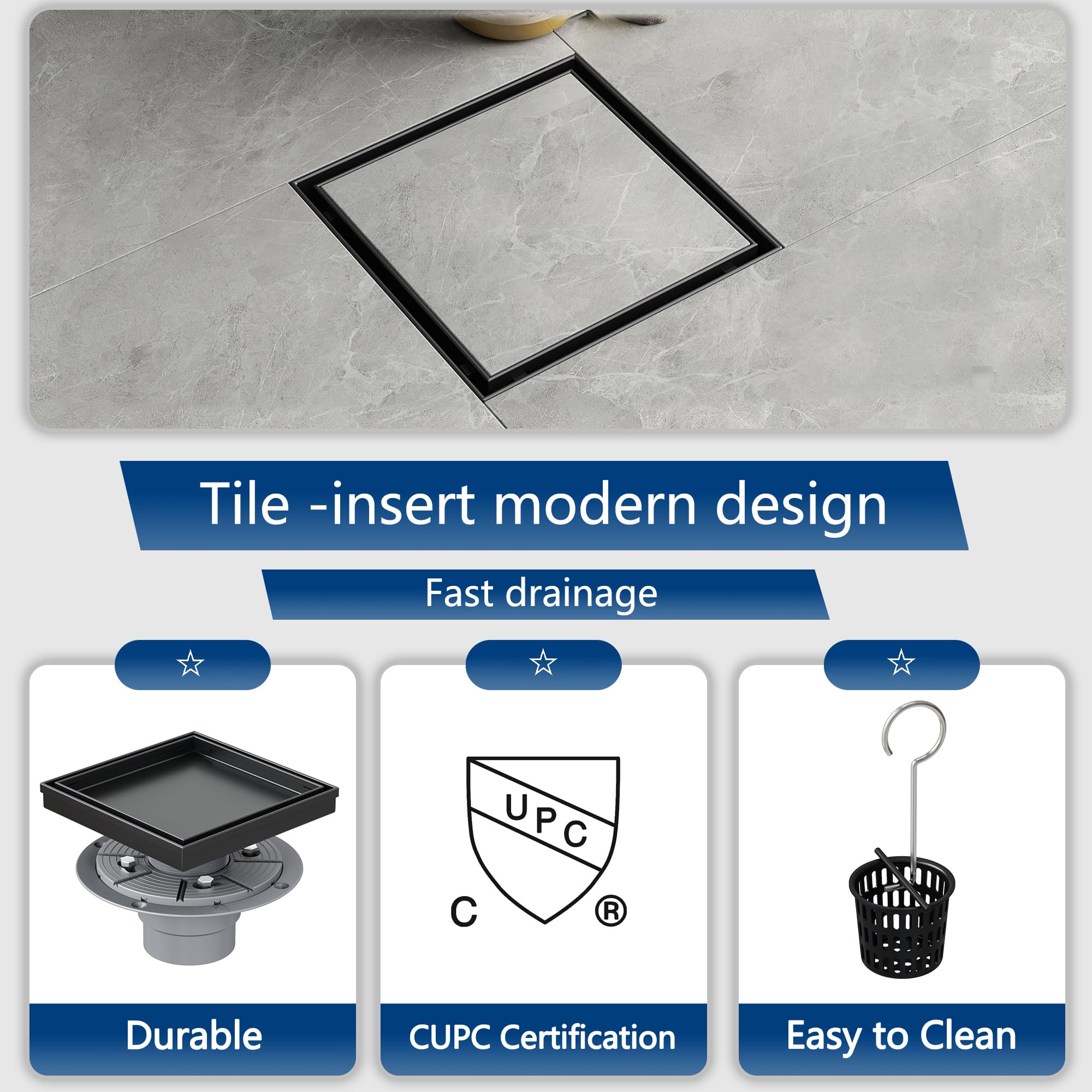 Drenaje de ducha cuadrado de 6 pulgadas con rejilla de inserción de azulejos extraíble, acero inoxidable 304, incluye base de drenaje de ducha de PVC, colador de pelo, negro mate 6