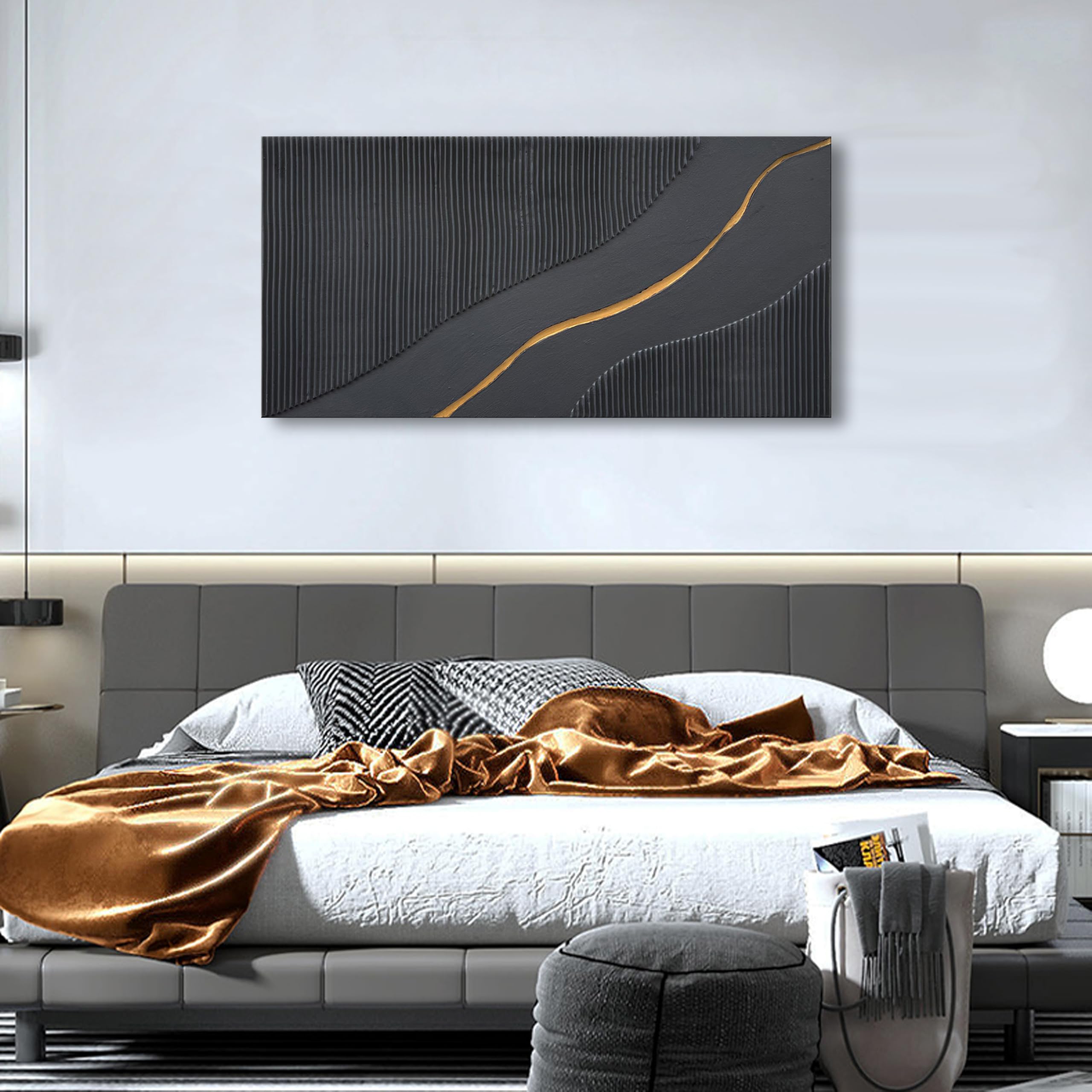 NANKAI Art Hand Painted Black and Gold Texture Minimalist Oil Painting 24x48 inch Home Wall Deco Art Painting