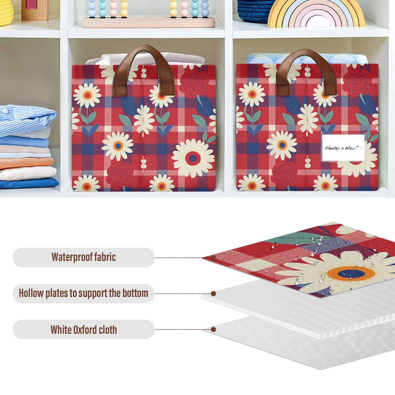 FRODOTGV Contenedores de almacenamiento abiertos para armario, dormitorio, cocina, diseño patriótico, tartán rojo, margarita, talla M