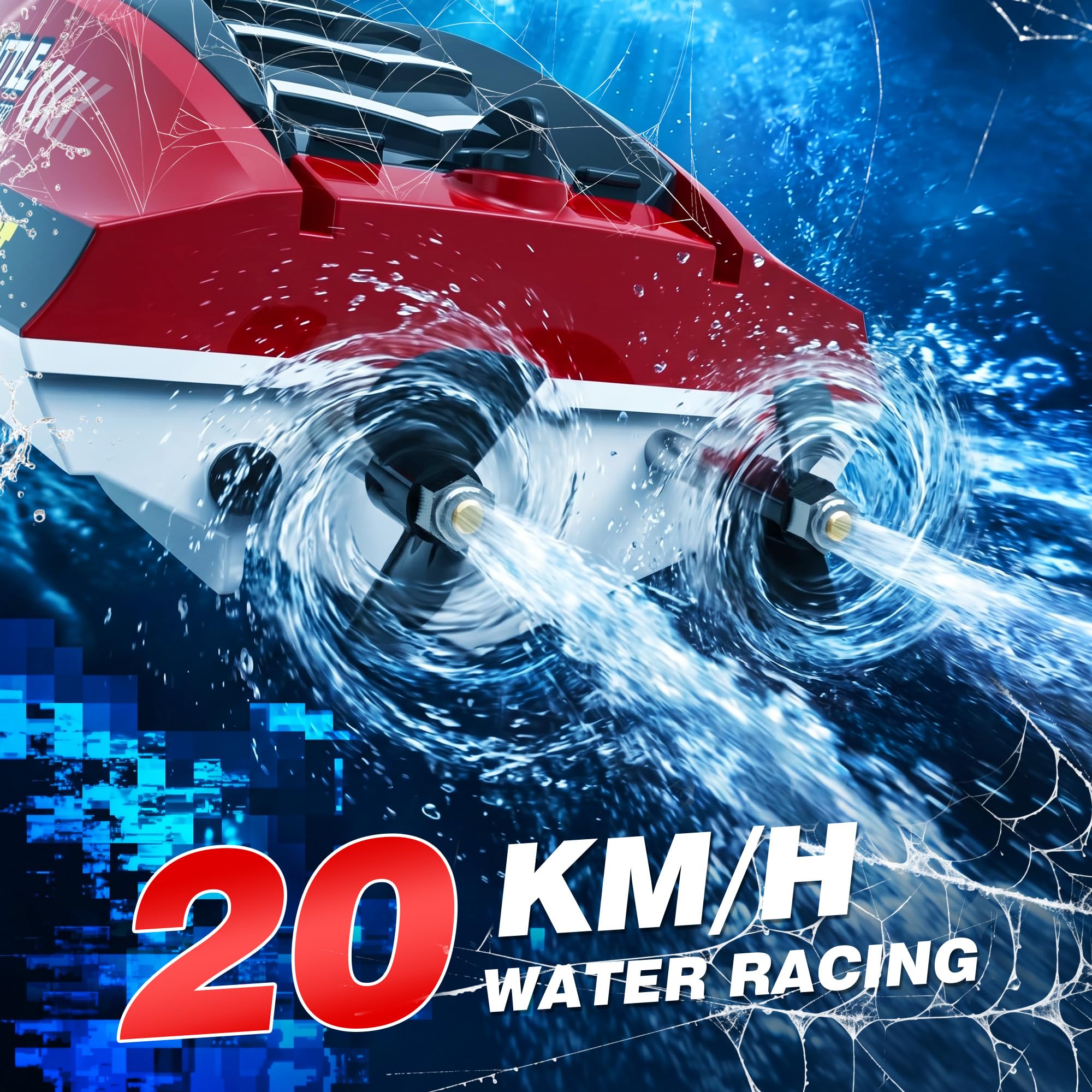 Barco teledirigido con 7 modos de luz, barco teledirigido de 20 km/h, con modo de un clic, 2,4 GHz barcos de carreras con 2 pilas, 40 minutos de tiempo de juego y graffiti de arañas, piscinas y lagos