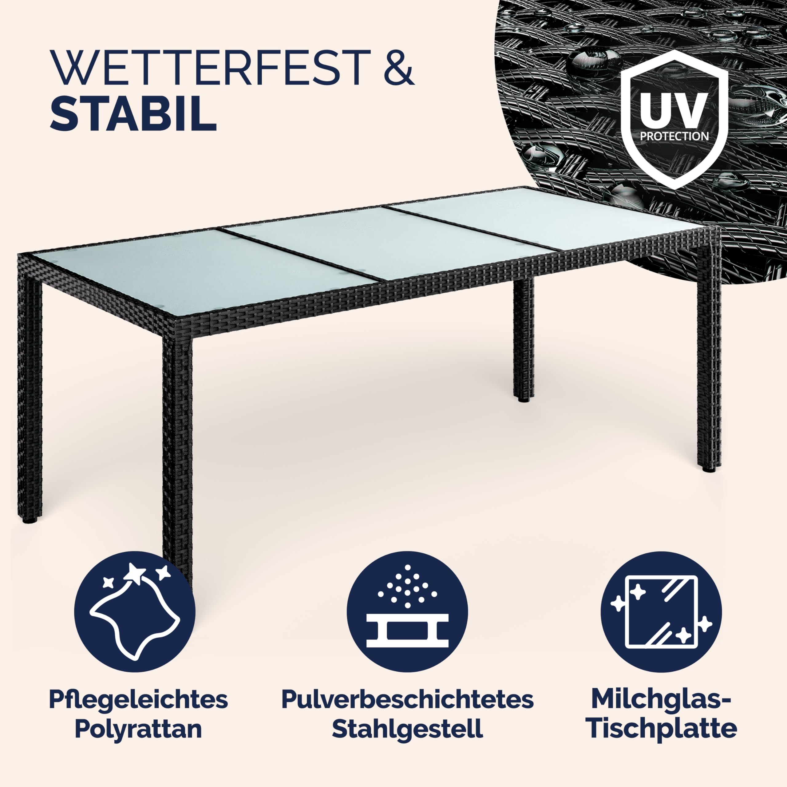 Casaria® Gartentisch Wetterfest 190x90x75cm Polyrattan Höhenverstellbar 5mm Sicherheitsglas Garten Terrasse Esstisch Outdoor Tisch Gartenmöbel Schwarz