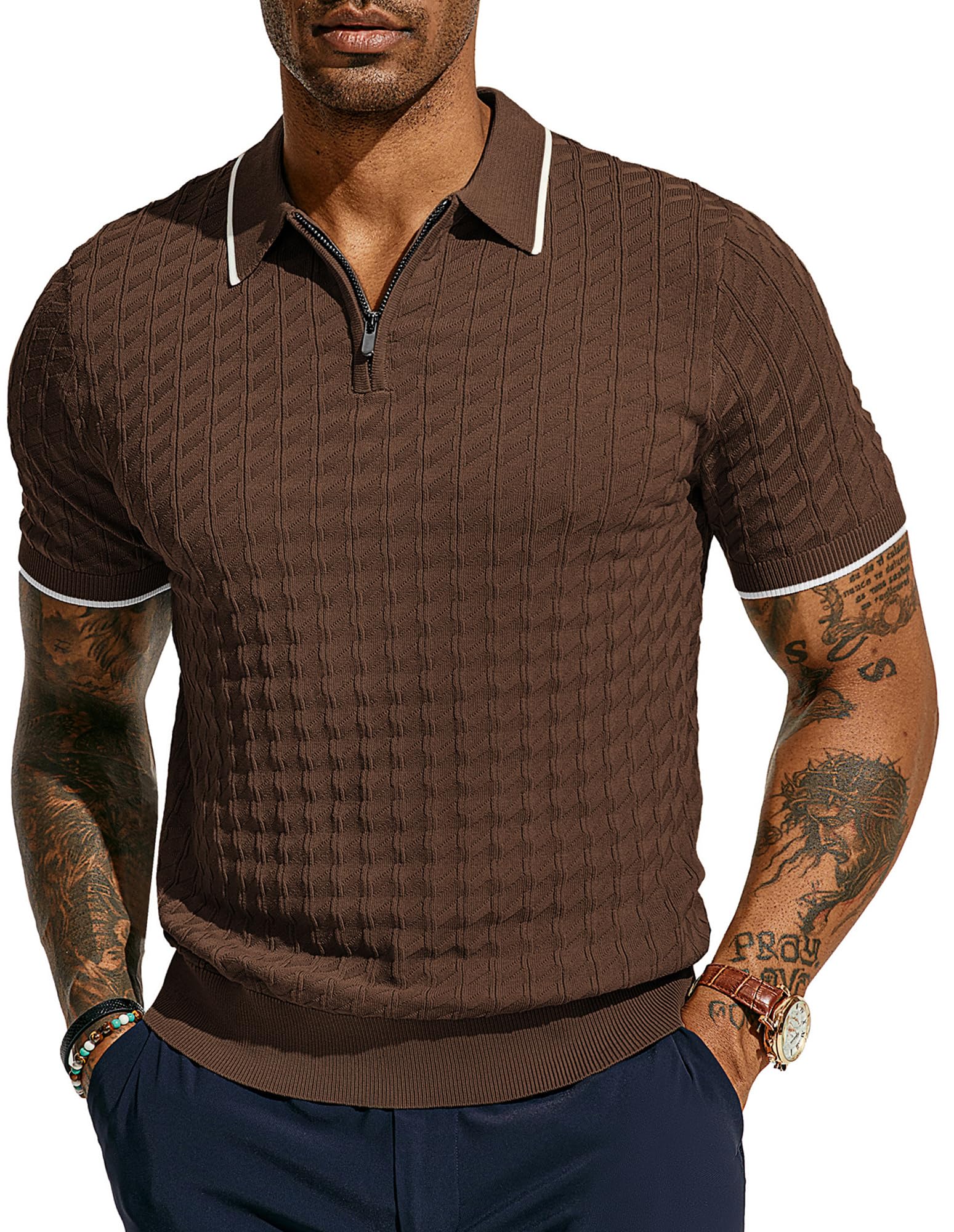 Men's Knit Polo Shirts Short Sleeve Quarter Zip Polo Shirt