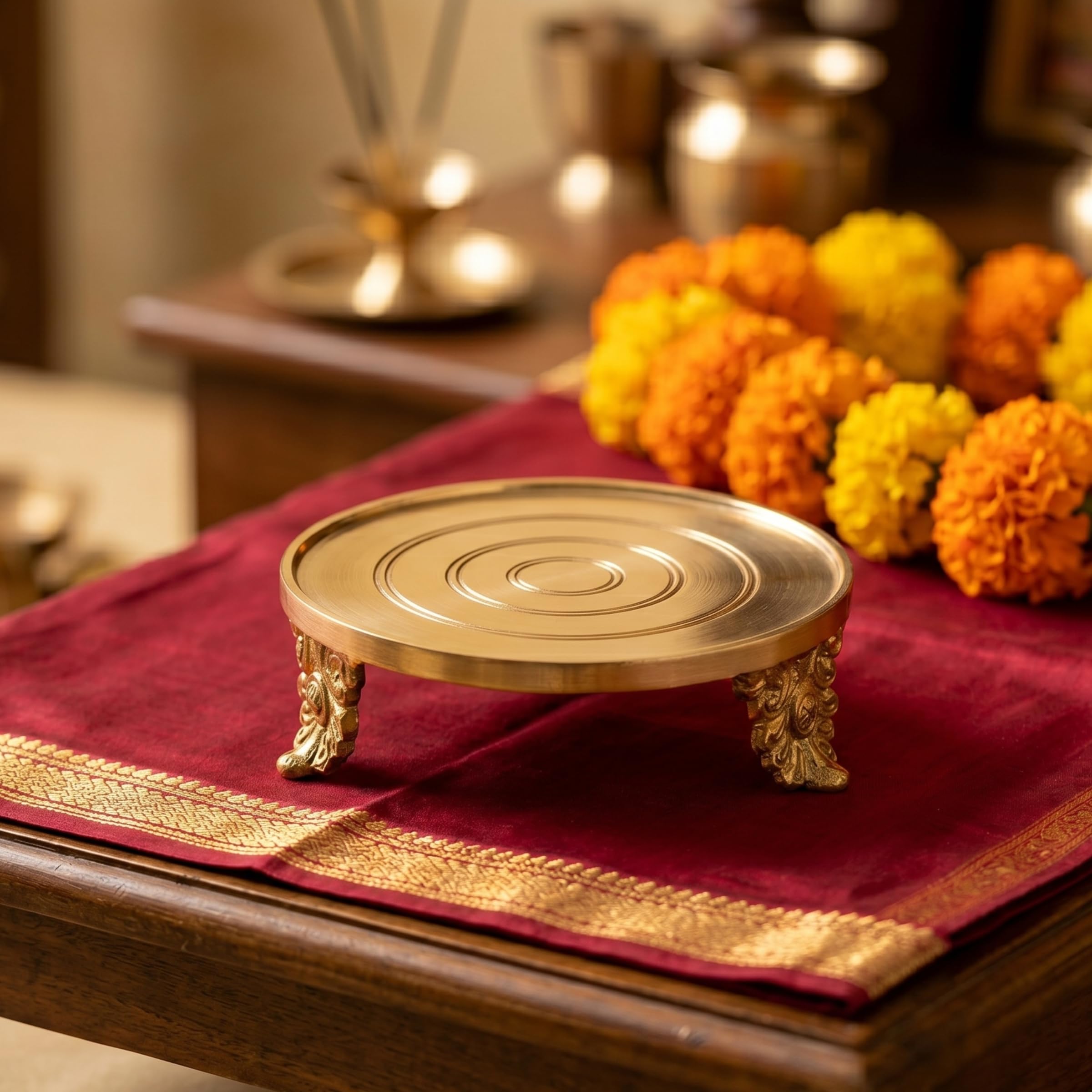 anciently Round Brass Chowki for God Idols (D1, 4 Inches) - Traditional Pooja Chowki for Home Temple | Brass Mukkali Stool & Round Pooja Kamatchi Diya Stool, Gold Colour, 1 No (4 Inches, Design 1)-image-39