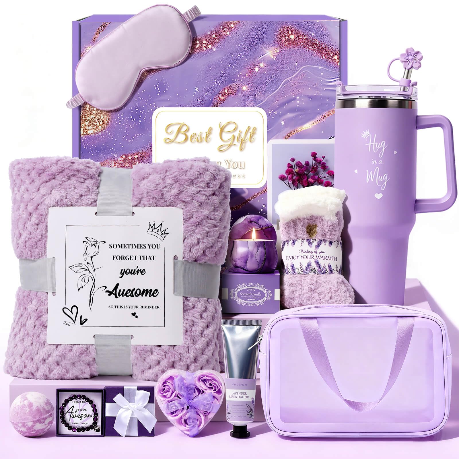 Birthday Gift for Women, Luxury Self Care Spa Gift Basket with Blanket for Mom, Wife, Sister, Friend, Girlfriend, Grandmother, Get Well Soon & Christmas gift for Her