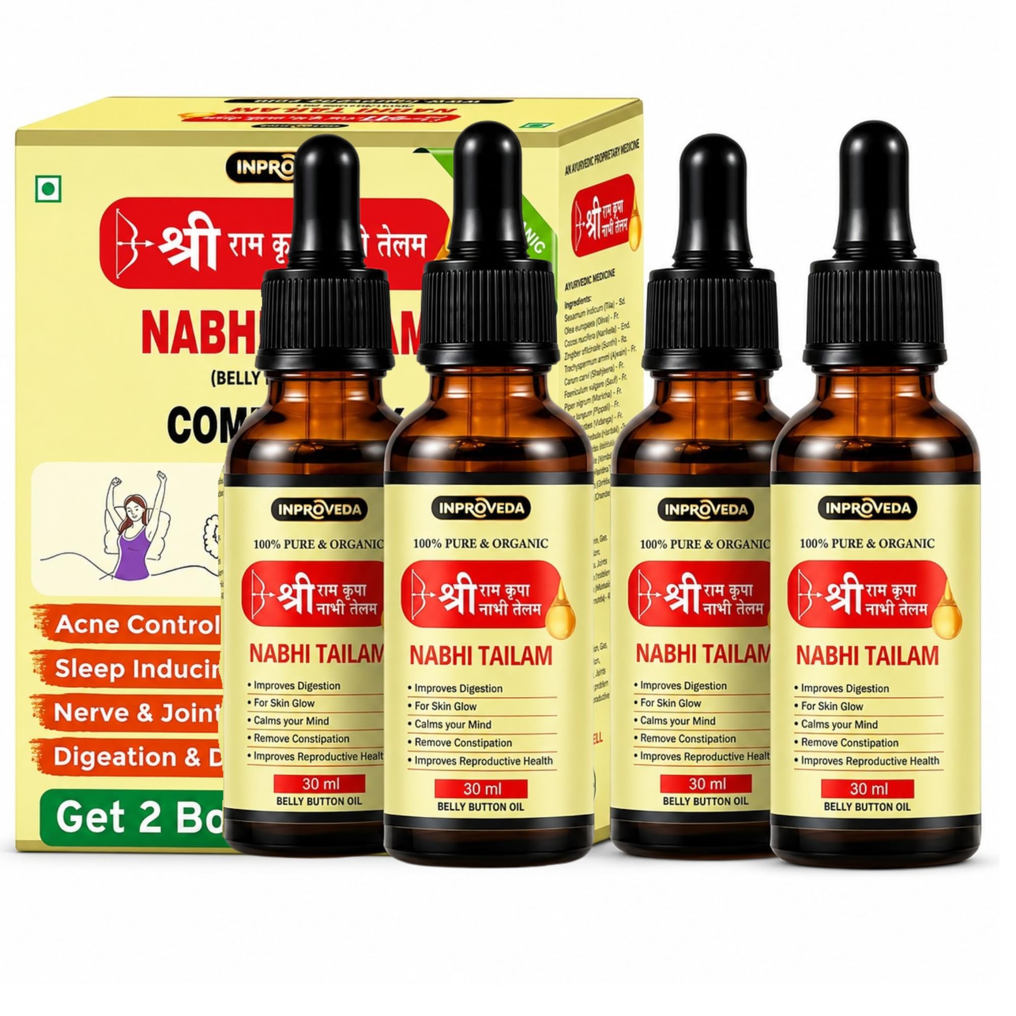 Inproveda Sri Ram Kripa Nabhi Tailam Oil | नाभि तेल 4 x 30ml | Ayurvedic Multi Benefit Belly Button oil | For Digestion & Detox, Sleep-Inducing Stress Relief, Acne Control & Joint Comfort | Combo Pack of 04 = 120ml
