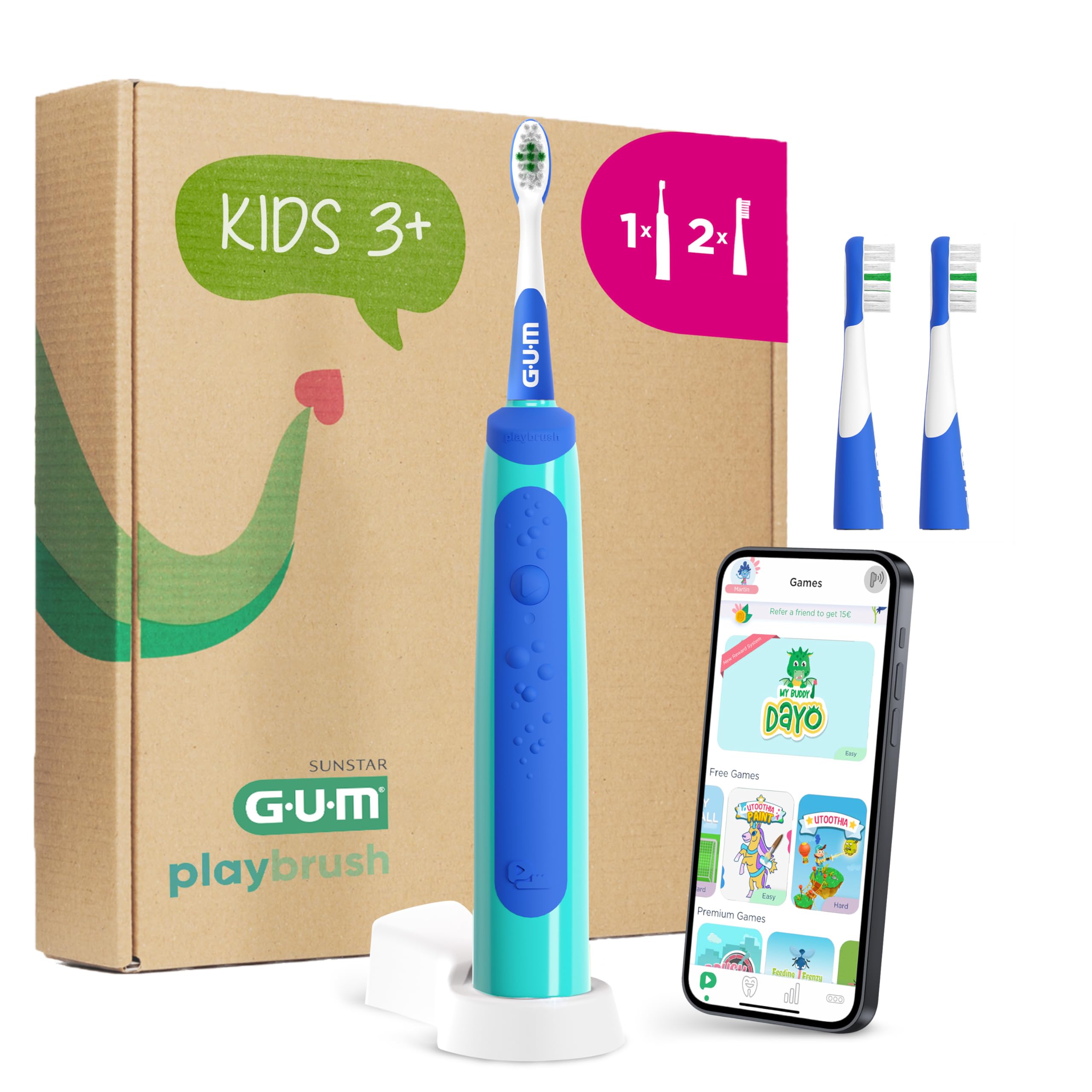 GUM Playbrush KIDS 3+ spazzolino elettrico | app di gioco interattiva | 2 modalità di spazzolamento | setole extra morbide | batteria a 8 settimane | 1x spazzolino ricaricabile | 2 testine extra | Blu