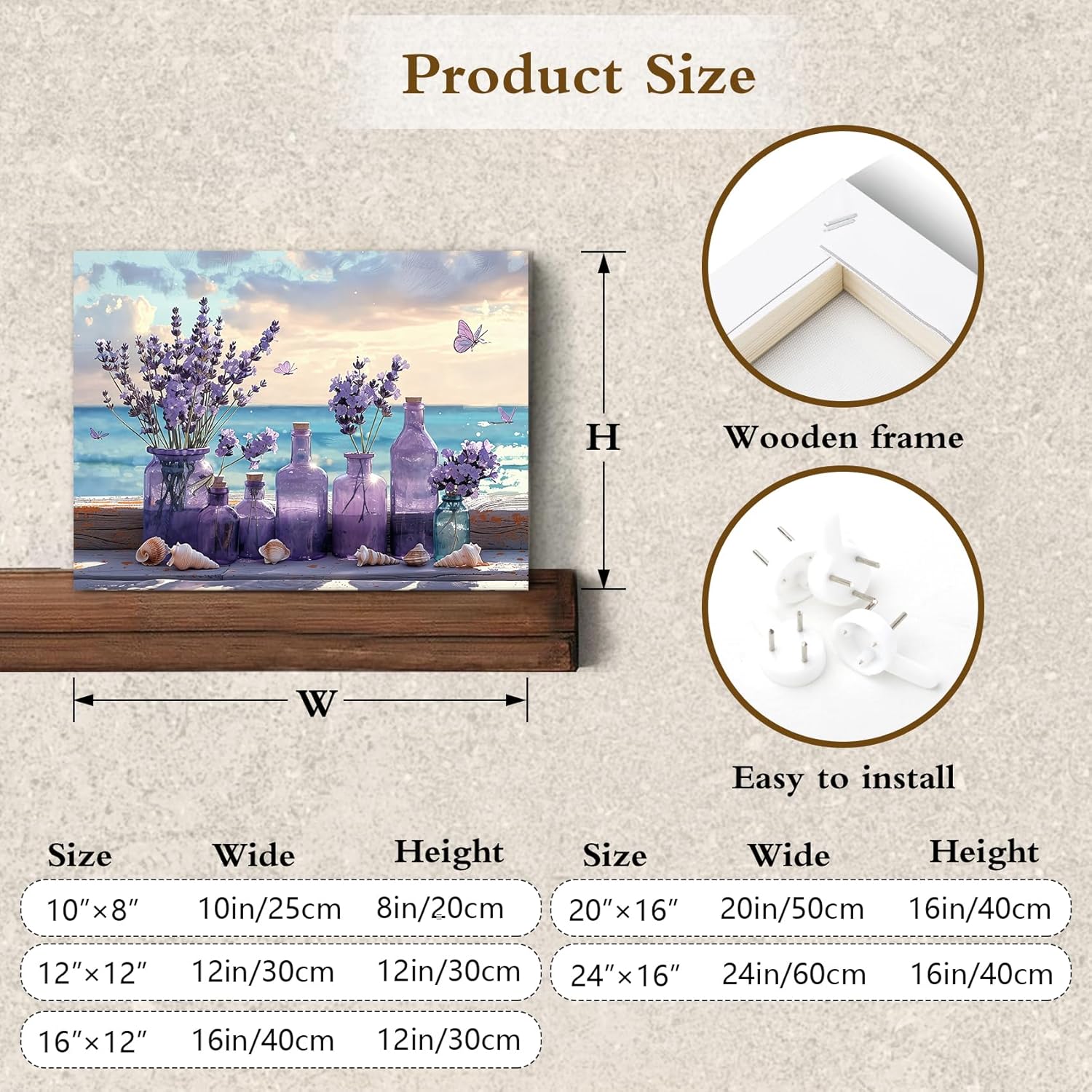LB Ocean Purple Lavender Wall Art Coastal Beach Purple Flower with Butterfly Canvas Wall Art Blue Sky and White Cloud Wall Decor for Living Room Bedroom Bathroom Office Framed Ready to Hang 16L x 20W