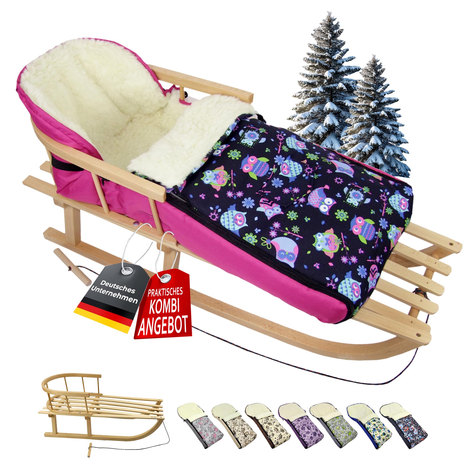 BAMBINIWELT Kombi-Angebot Holz-Schlitten mit Rückenlehne & Zugseil + universaler Winterfußsack (108cm), auch geeignet für Babyschale, Kinderwagen, Buggy, aus Wolle im Eulendesign