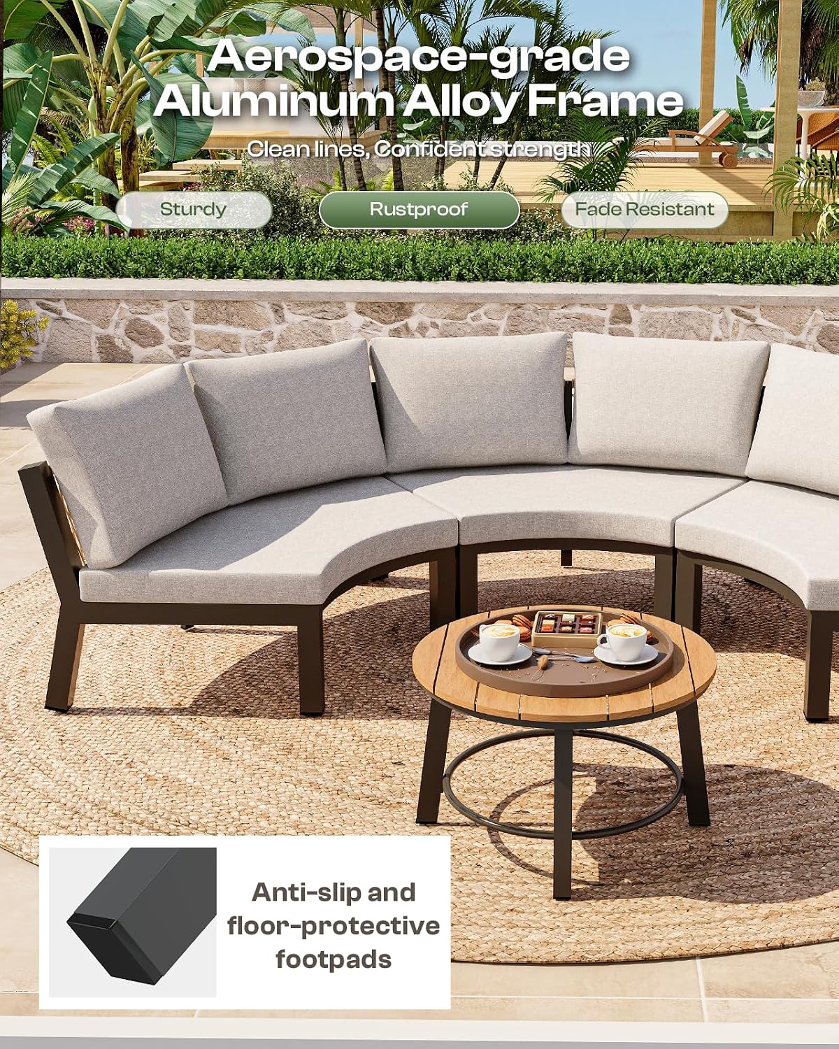 Oasbira Luxury Patio Furniture Set for 5 People, 4-Piece Curved Patio Conversation Sets with Woven Rope & Modular Coffee Table, Half Moon Outdoor Furnitrue Set for Deck, Garden, Gray image 6
