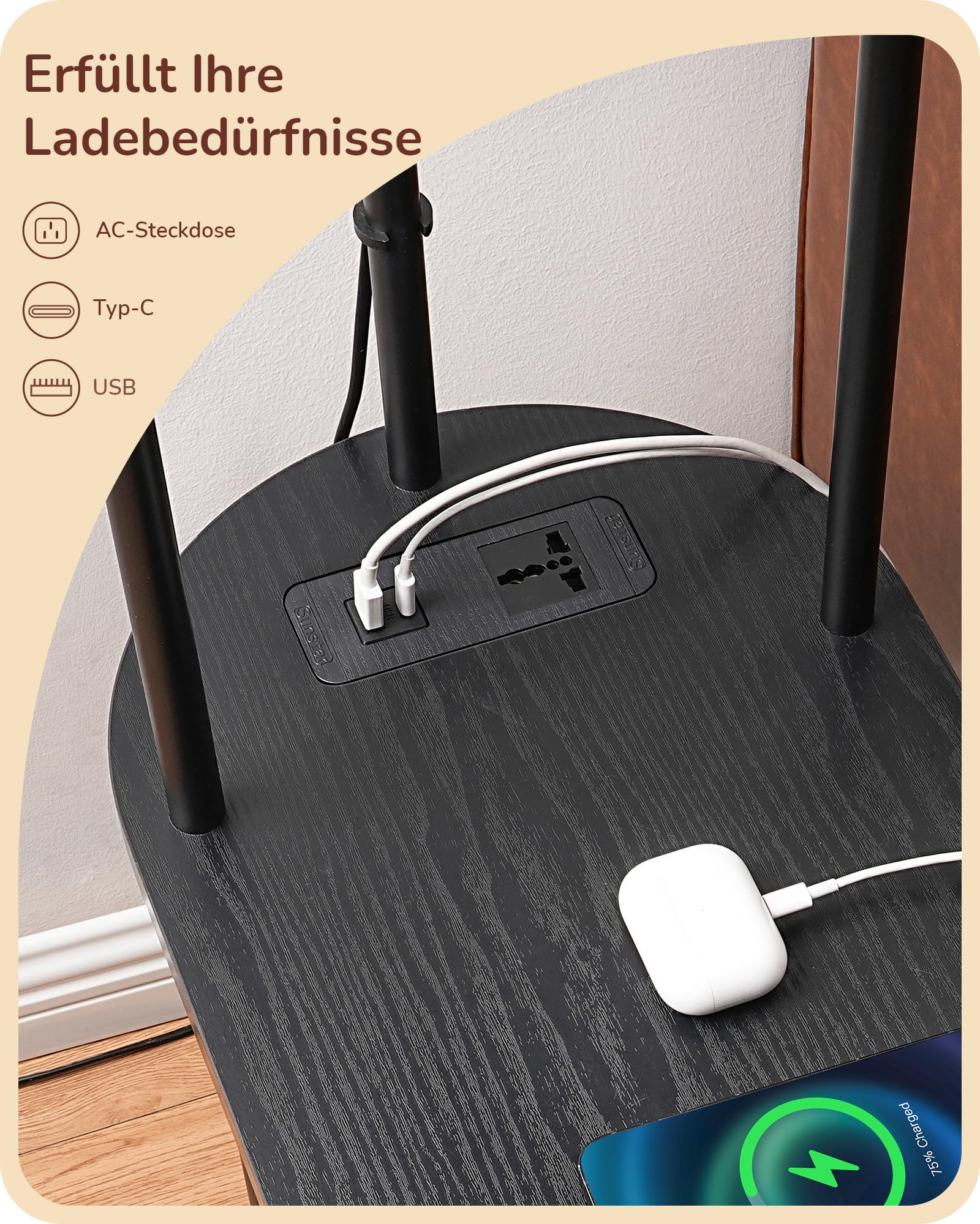 EDISHINE Stehlampe Wohnzimmer, mit Regal, Aufbewahrungskorb & USB-A+C | Inkl. Leuchtmittel, 3 Farbtemperaturen, 165 cm LED-Stehleuchte mit Ladestation, ideal für Schlafzimmer und Büro