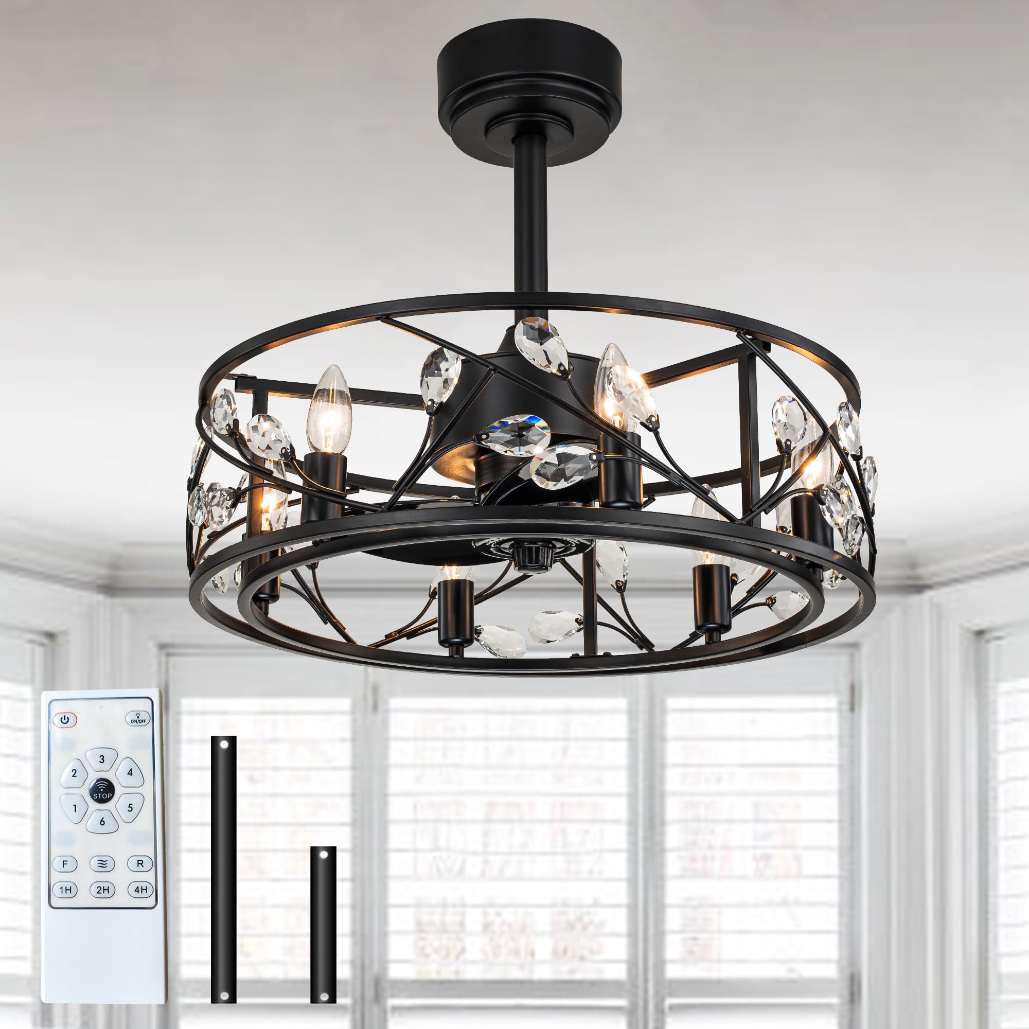 Caged Ceiling Fans with Light Remote Control, Black Modern Ceiling Fan Light Fixture, 20” Crystal Chandelier Ceiling Fans for Patio, Living Room, Bedroom