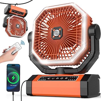 Battery Powered 9-Inch Rechargeable Portable Fan - 10000mAh30Hrs Auto Oscillation, Tent Fan with Remote/light, 4 Speeds, 4 Timing, Outdoor