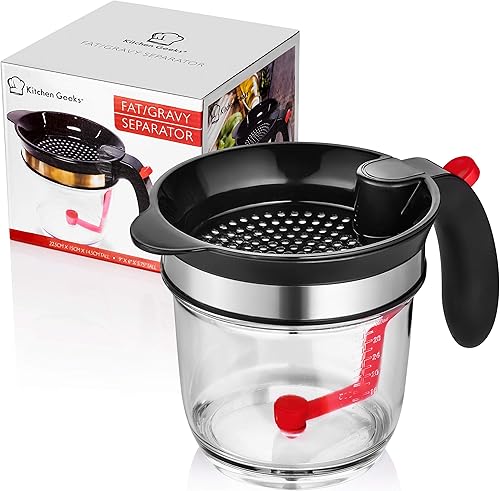 Taza medidora y colador con separador de grasa con liberación inferior para salsas en salsa y otros líquidos con grasa de aceite para darte