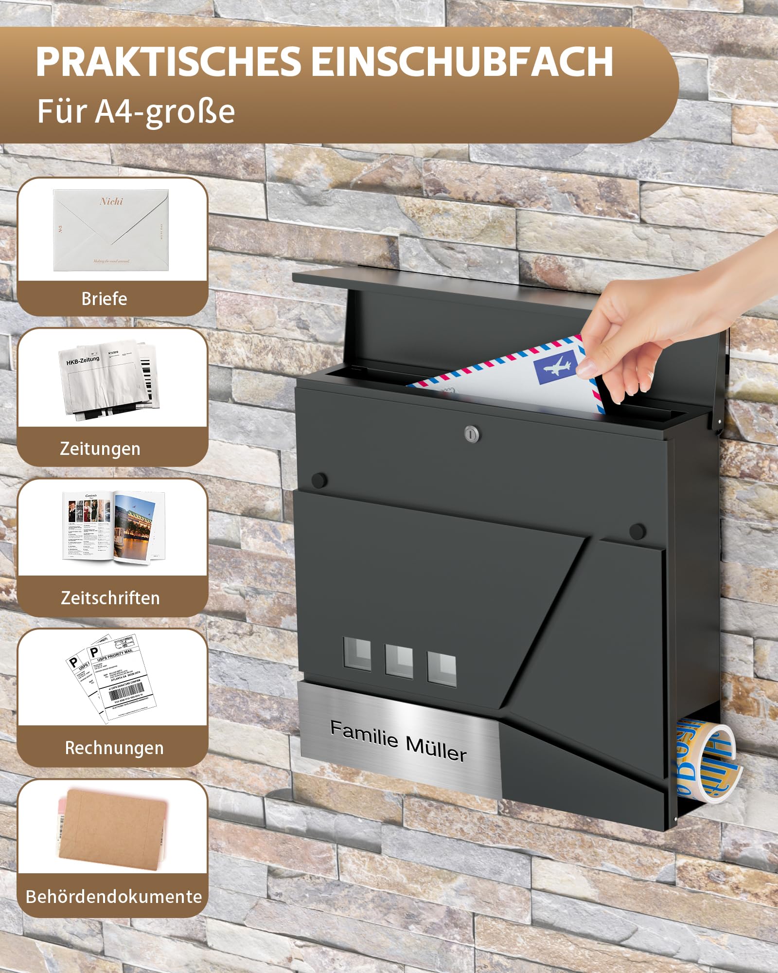 Briefkasten Anthrazit Edelstahl Mit Zeitungsfach(37 X 37 X 10cm), Personalisiert Mit Namensschild, Wetterfest, Aufkleber Gegen Unerwünschte Werbung, Wandbriefkasten Postkasten Briefkästen