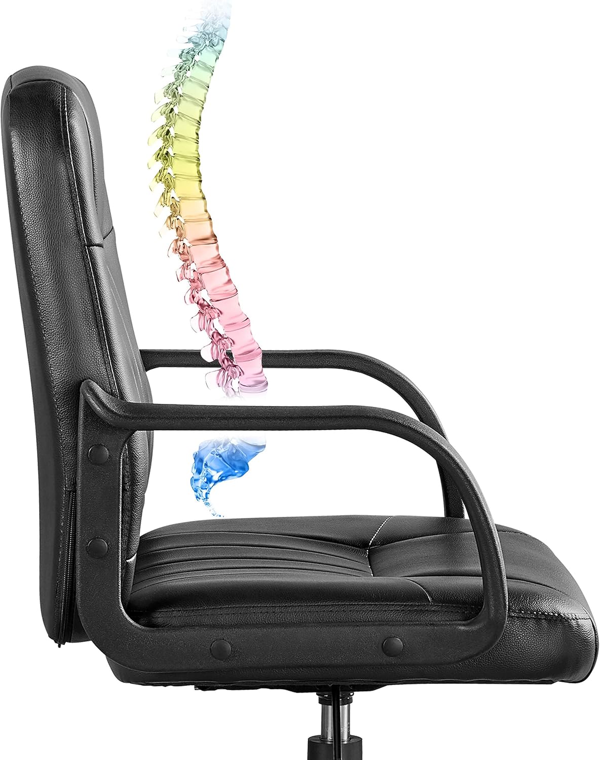 Illustration of the chair's ergonomic backrest design with a colorful spine graphic, indicating lumbar support.