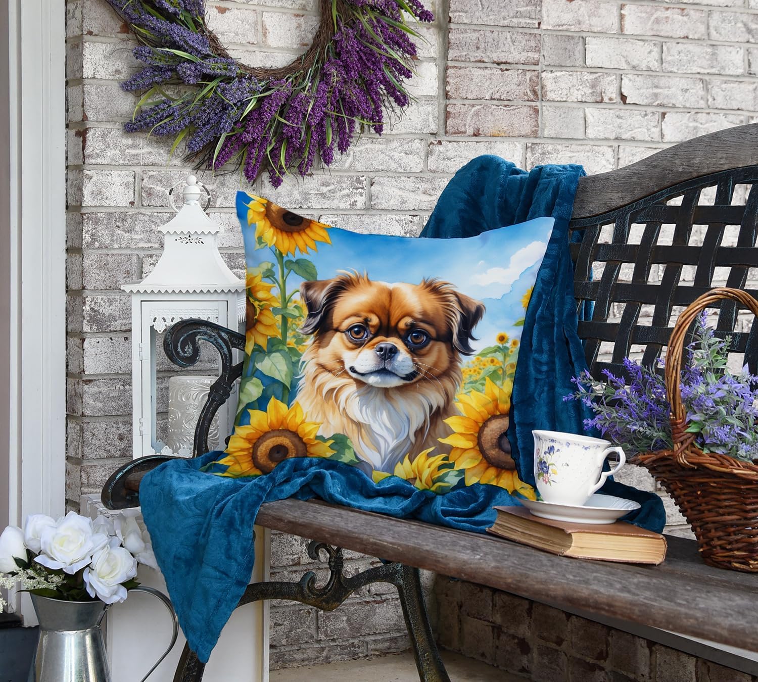 Caroline's Treasures in Sunflowers Throw Pillow, 18Hx18W, Tibetan Spaniel 6167