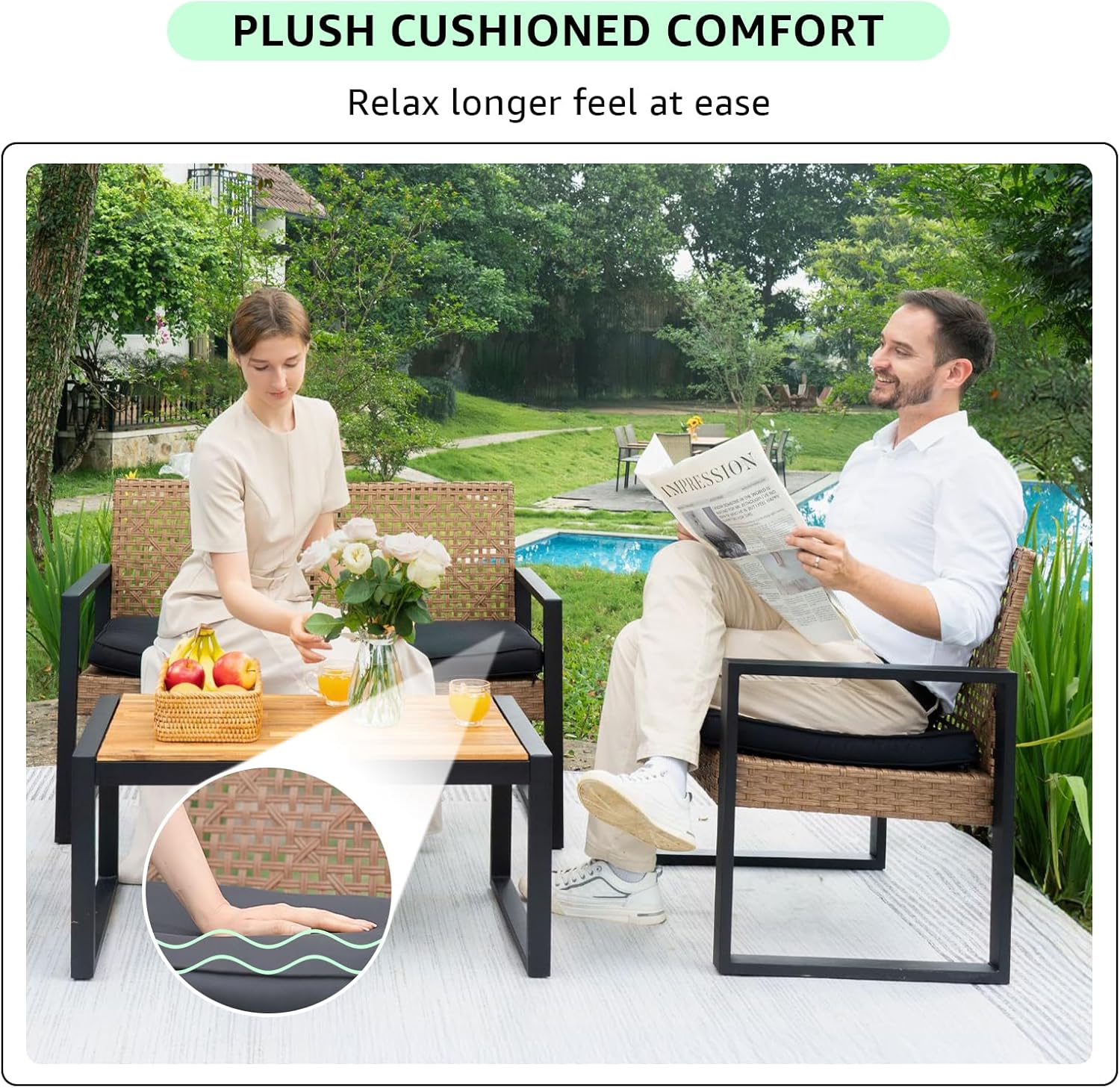Outdoor Patio Furniture Set, 4 Piece Rattan Wicker Sectional with Loveseat Couch Sofa, Coffee Table and Chairs, Conversation Seating for Balcony, Porch, Deck, Backyard, Muebles de Exterior