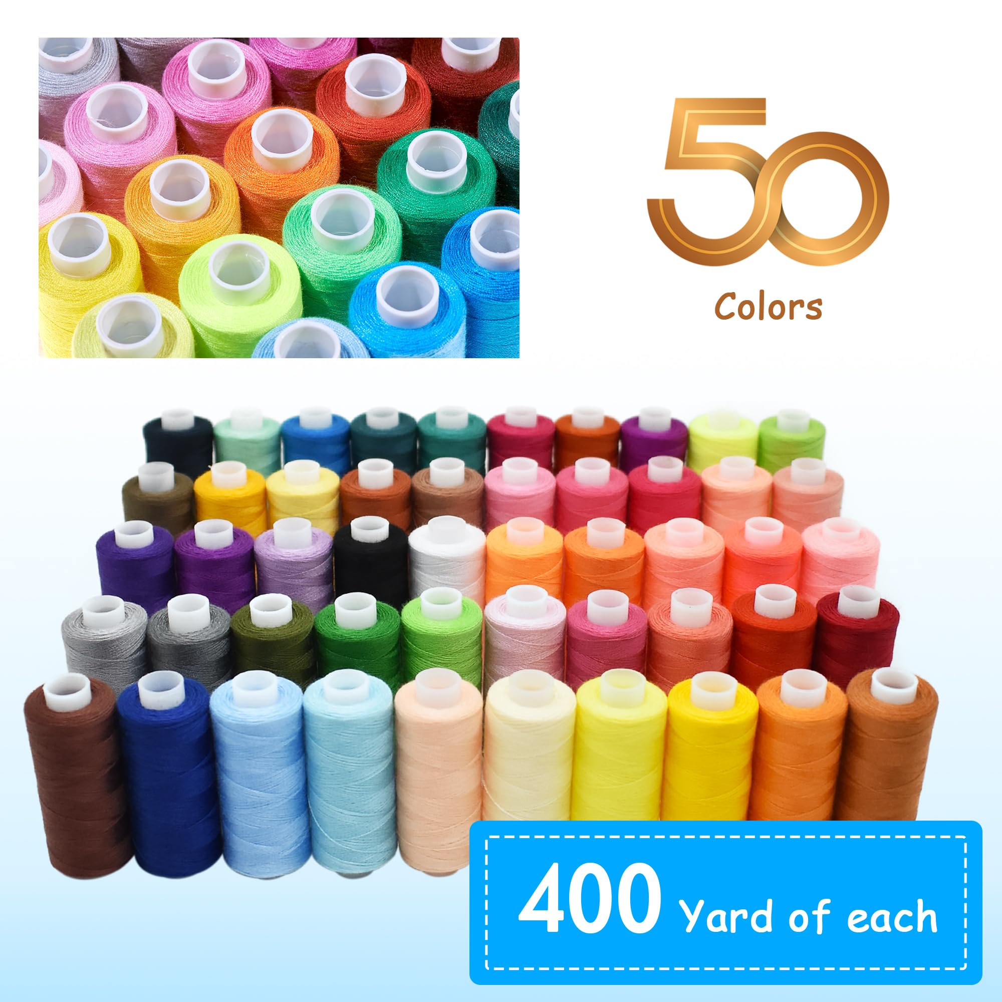 SHRJ Kit de 130 hilos de coser, 50 colores para máquina de coser, bobinas preenrolladas con hilo de bobina, surtido de agujas de almacenamiento, 400 yardas por carrete, hilo de poliéster