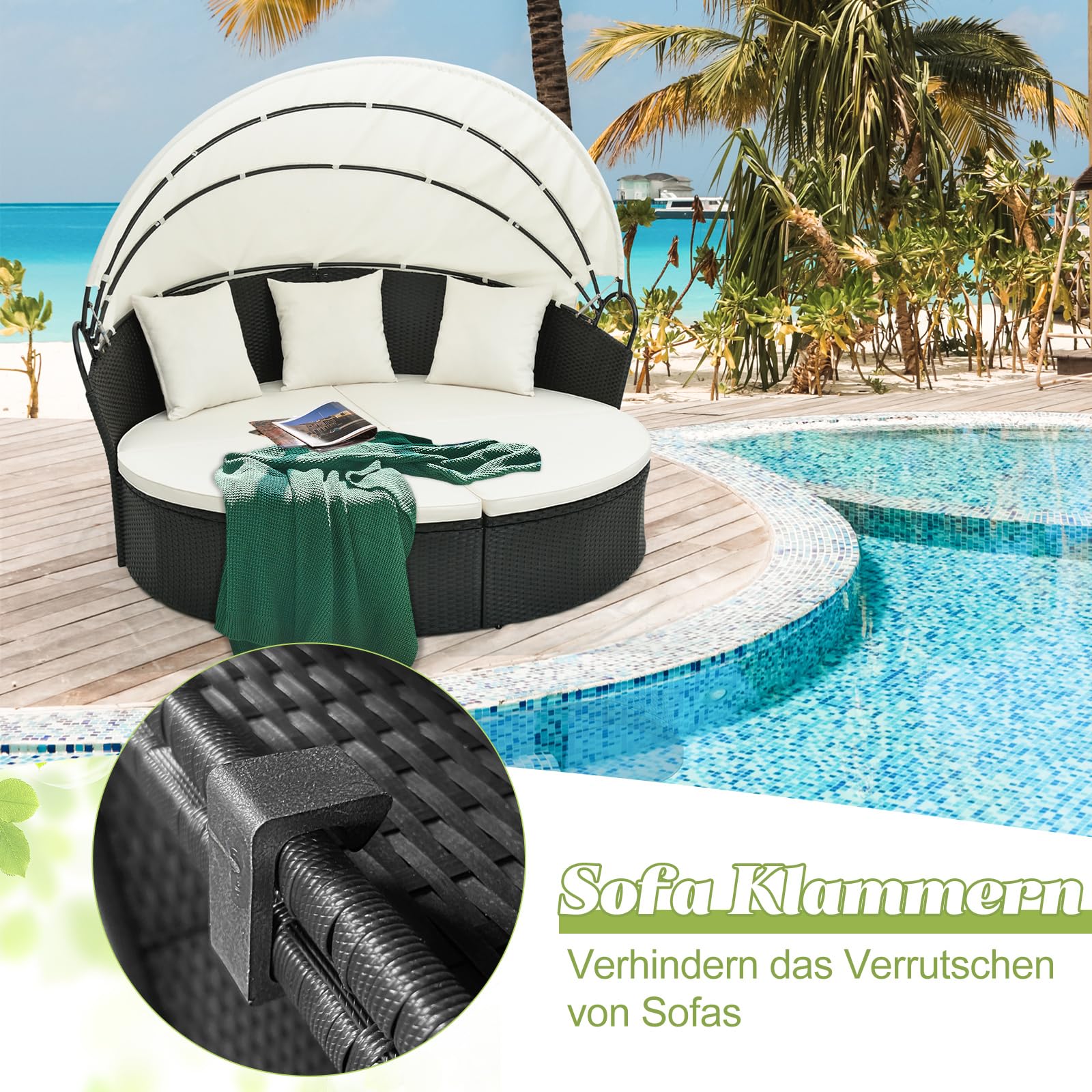 COSTWAY Sonneninsel Rattan mit Dach, Sonnenliege für 2 Personen, Gartenliege mit Sitz- und Rückenkissen, Lounge Möbel Outdoor, Liegeinsel für Garten, Terrasse