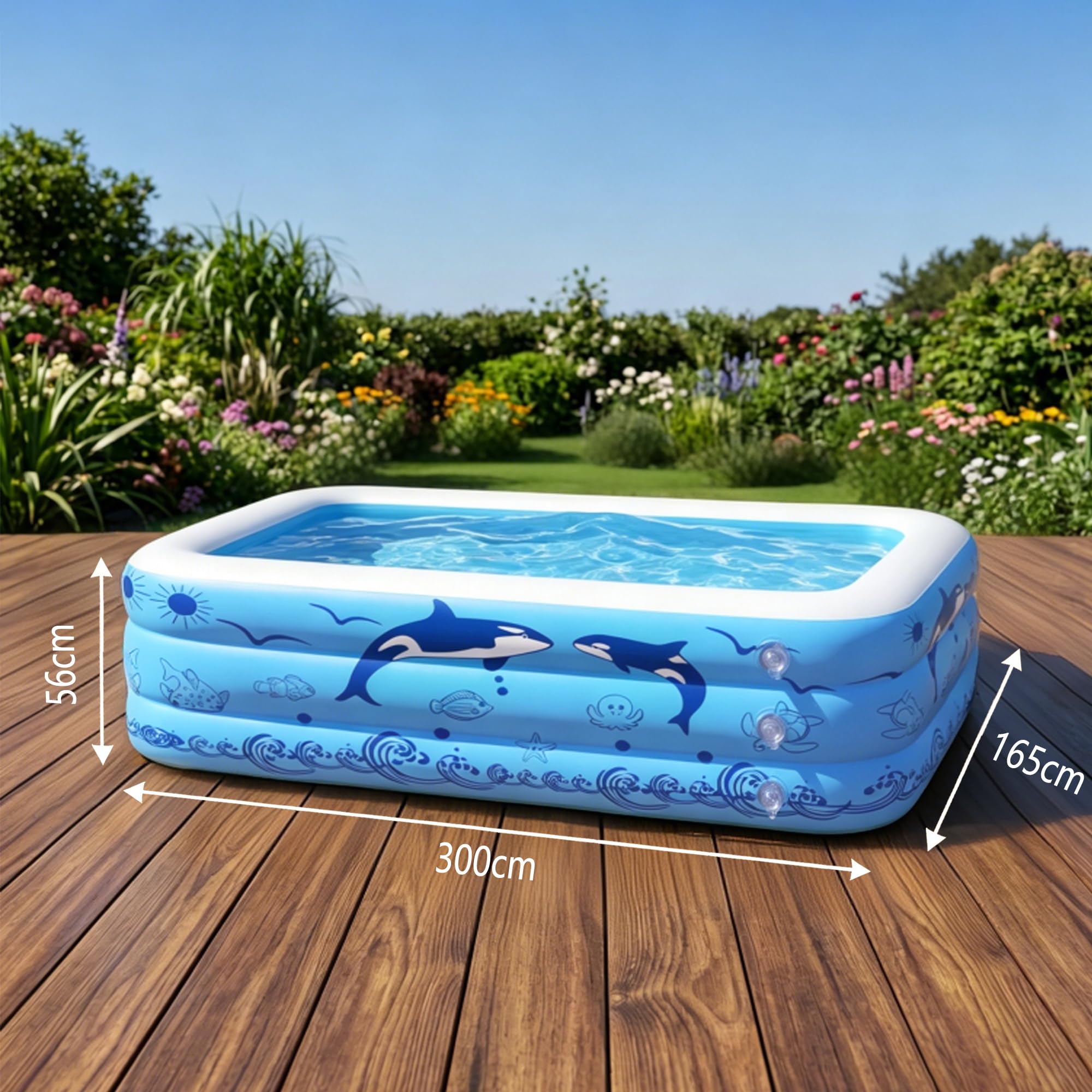 Aufblasbare Schwimmbecken, 300x165x56 cm, Großes aufblasbares Pool für Kinder und Erwachsene, Langlebiges Familien-Freizeitpool, Kinderbecken für Garten, Hinterhof