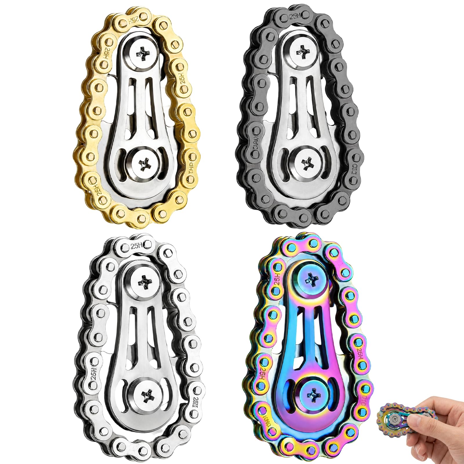4-Piece Colors Bike Chain Fidget Toy, Fidget Chain with Smooth Rotation, Metal Sensory Kinetic Hand Roller for Stress Relief and Focus Enhancement, Cool Fidgets for Office and Classroom Use
