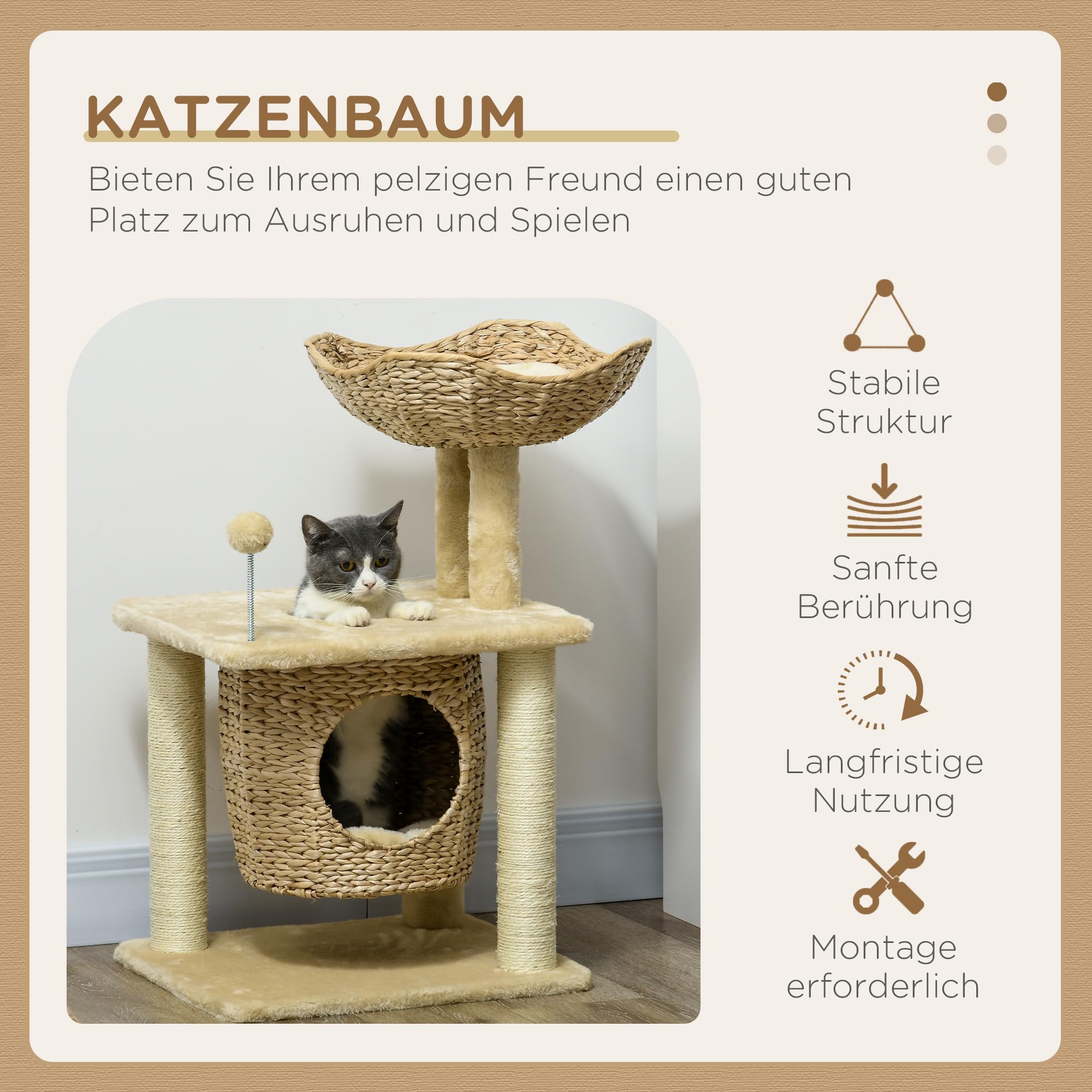 PawHut Kratzbaum 74 cm Katzenbaum mit Katzenhöhle Bett Spielball Beige | Katzenkratzbaum mit Sisal-Kratzsäulen, für Katzen bis 5 kg