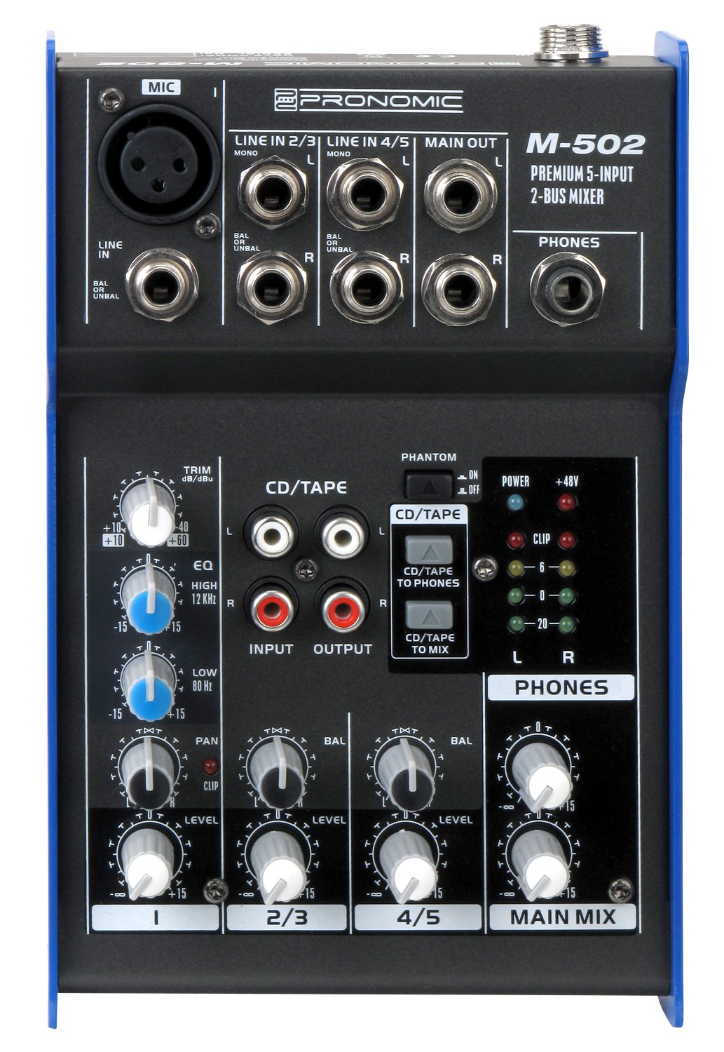Pronomic M-502 Mixer Live/Studio (1 Canale Mono XLR/Jack, 2 Canali Stereo, EQ a 3 bande, Alimentazione Phantom 48V)
