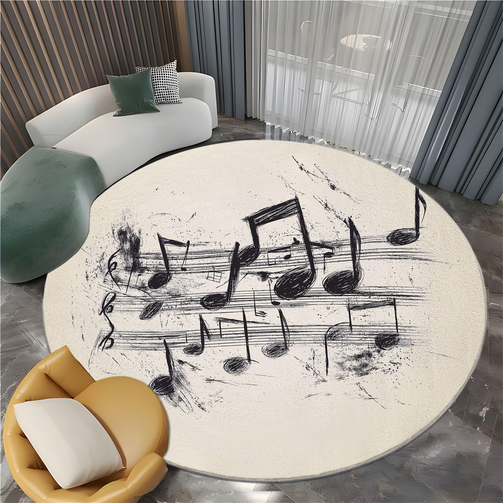 Tapis rond shaggy lavable et antidérapant avec motif partition de musique beige