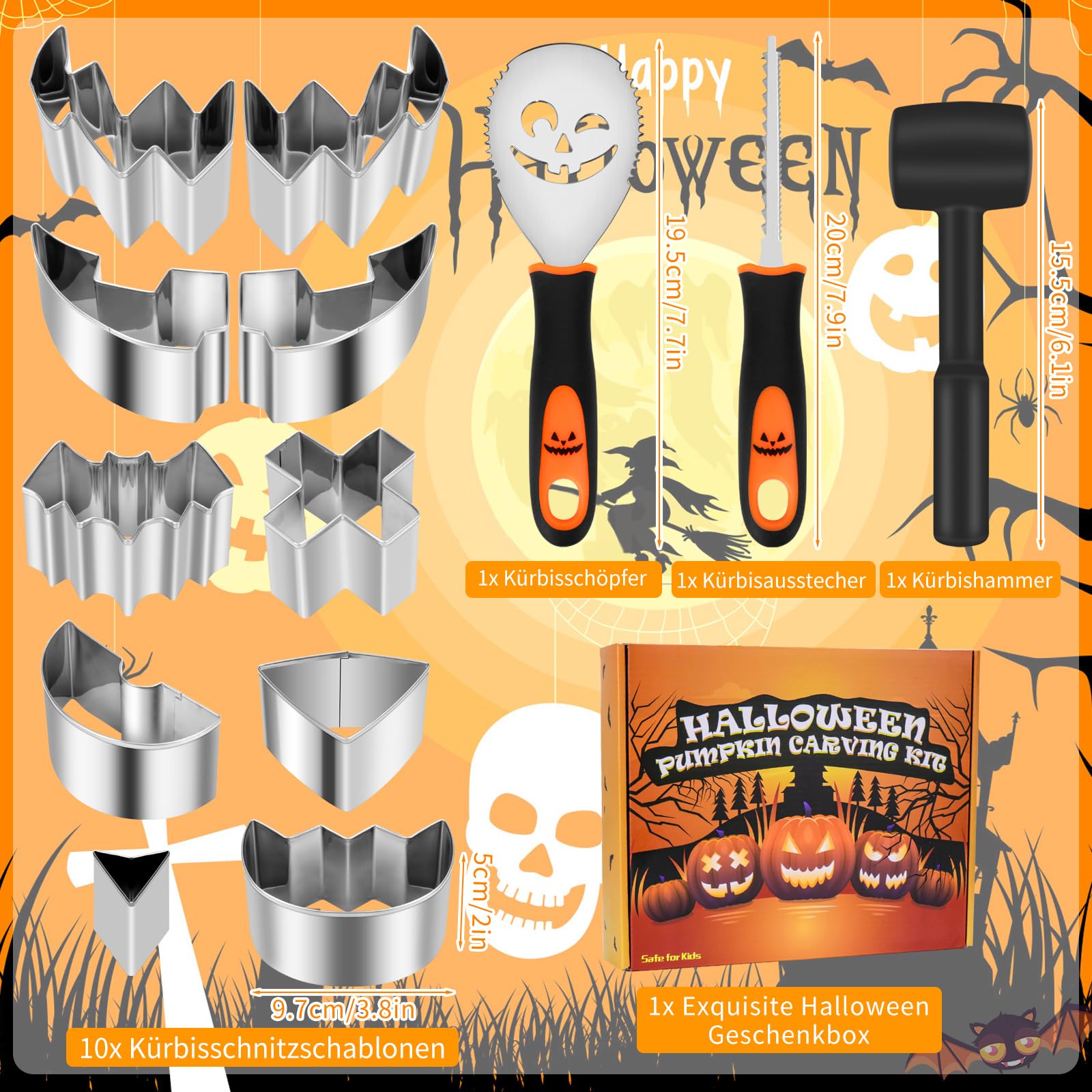 Dreamtop 14 pezzi Kit Intaglio Zucca Halloween Set Intaglio Zucca in Acciaio Inox fai da te Zucca Intaglio Strumento Incluso Mazzuolo di Gomma per Adulti e Bambini
