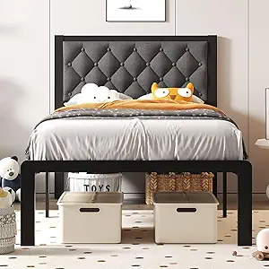 Twin Bed Frame with Headboard Linen Upholstered Bed Frame Platform,All Metal Slats Support Platform Bed Frame with Storage Space,Easy Assembly,Noise Free,No Box Spring Needed,Grey