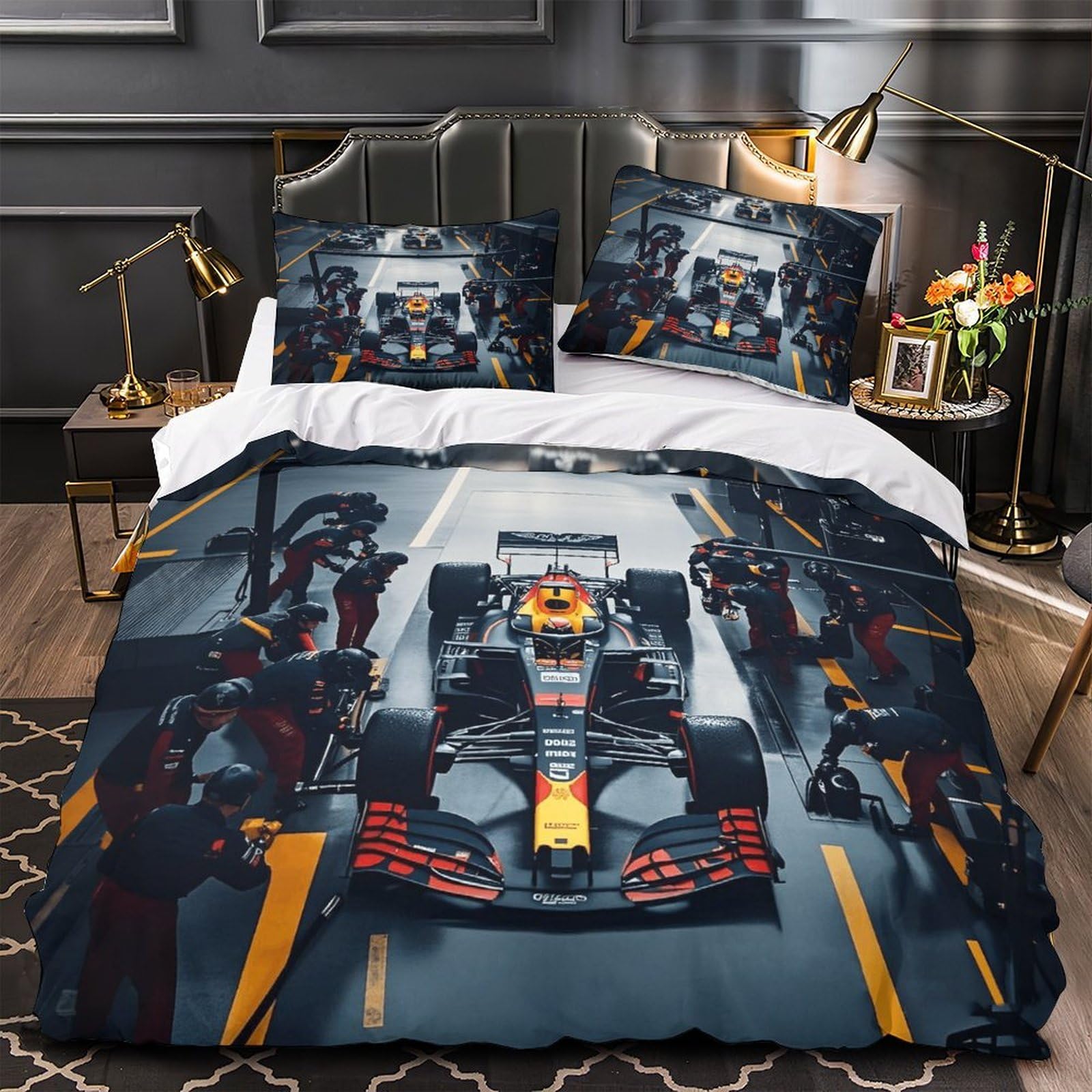 DAFUfbw Super King（260x220cm） Formulaa Racing Quilt Cover Set with Hidden Zipper, Pit Stop Duvet Cover Set with Pillowcases Soft Microfiber Luxury Pit Stop Bedding Set