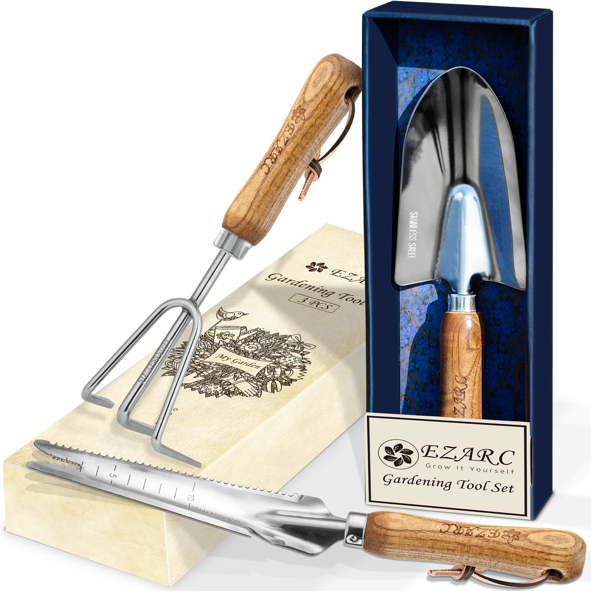 EZARC Garden Tool Set, 3 Piece Stainless Steel Gardening Tools with Wooden Handle, Gardening Kit Include Hand Trowel, Garden Weeding Trowel, Hand Cultivator