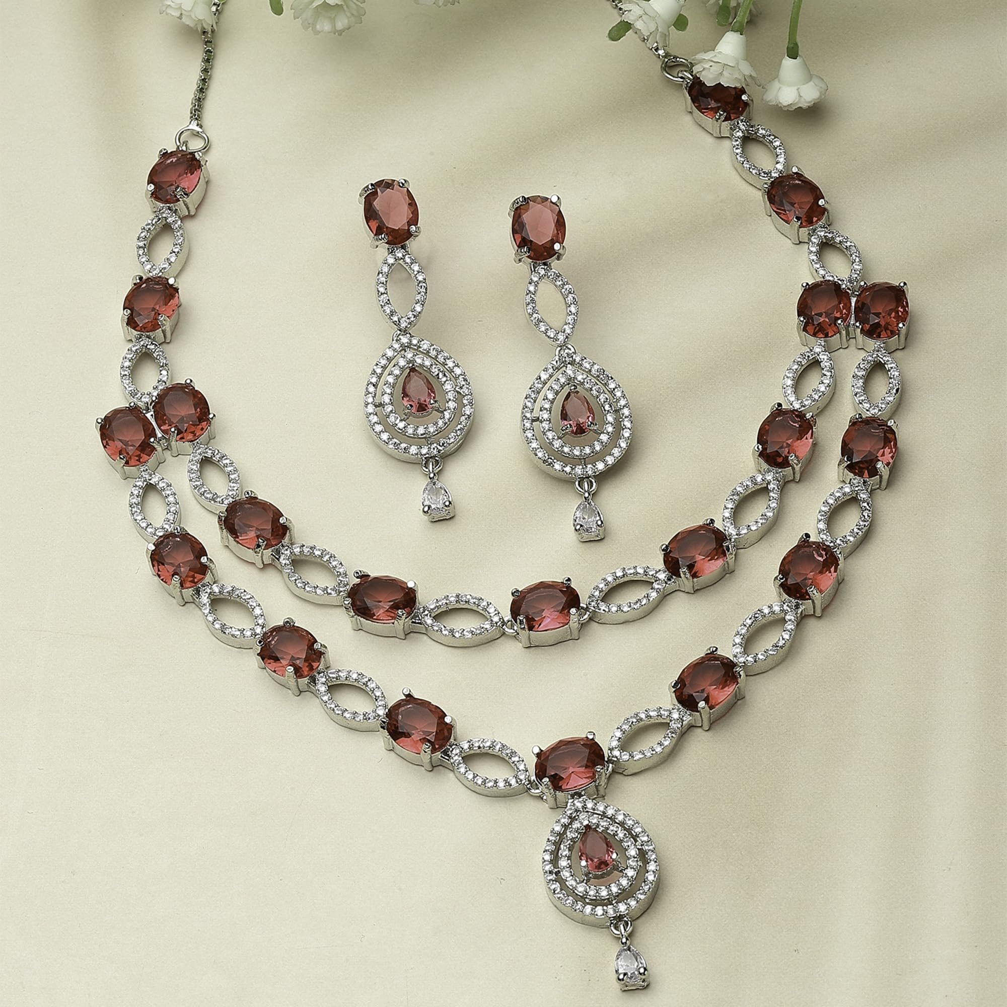 Rhodium-Plated Abstract Necklace Set with Earrings