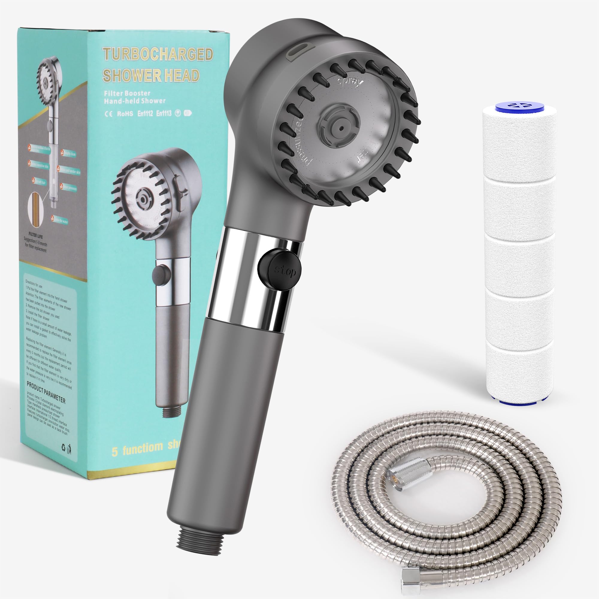 Alcachofa de Ducha con Filtro,Cabezal Ducha Alta Presion,Alcachofa Ducha con Manguera 1.5m,Teléfono Ducha con Pulsador,Adecuado Para BañO DoméSticos,Gris