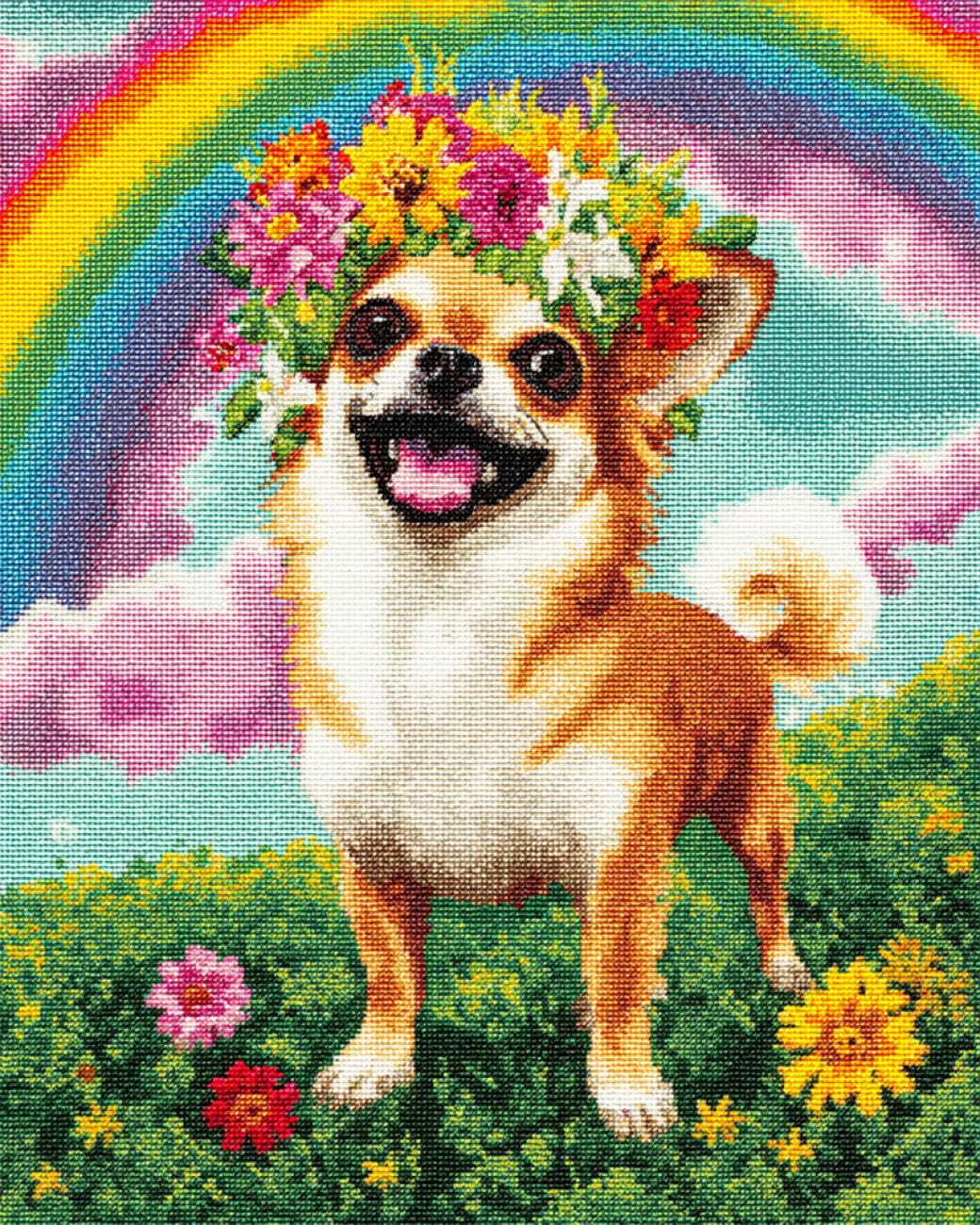 AxiangziK DIY Stamped Cross Stitch Kits Chihuahua and Rainbow 11CT 50x70cm