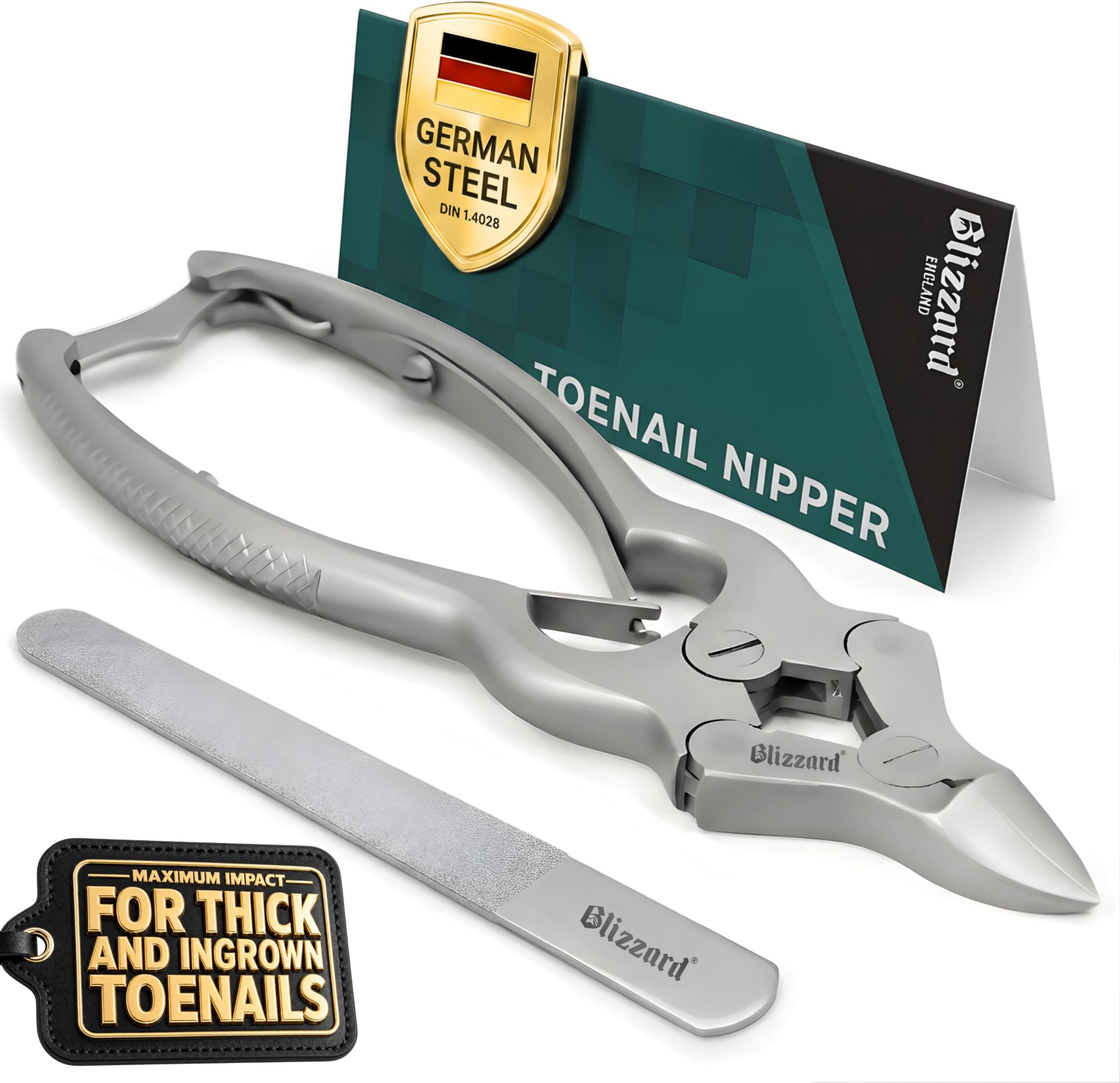 Blizzard Toe Nail Clippers for Thick Nails - Podiatrist Nail Nippers for Seniors - Heavy Duty Cantilever Toenail Clippers for Men - German Steel Podiatry Tool with Toenail File - 15cm Double Spring