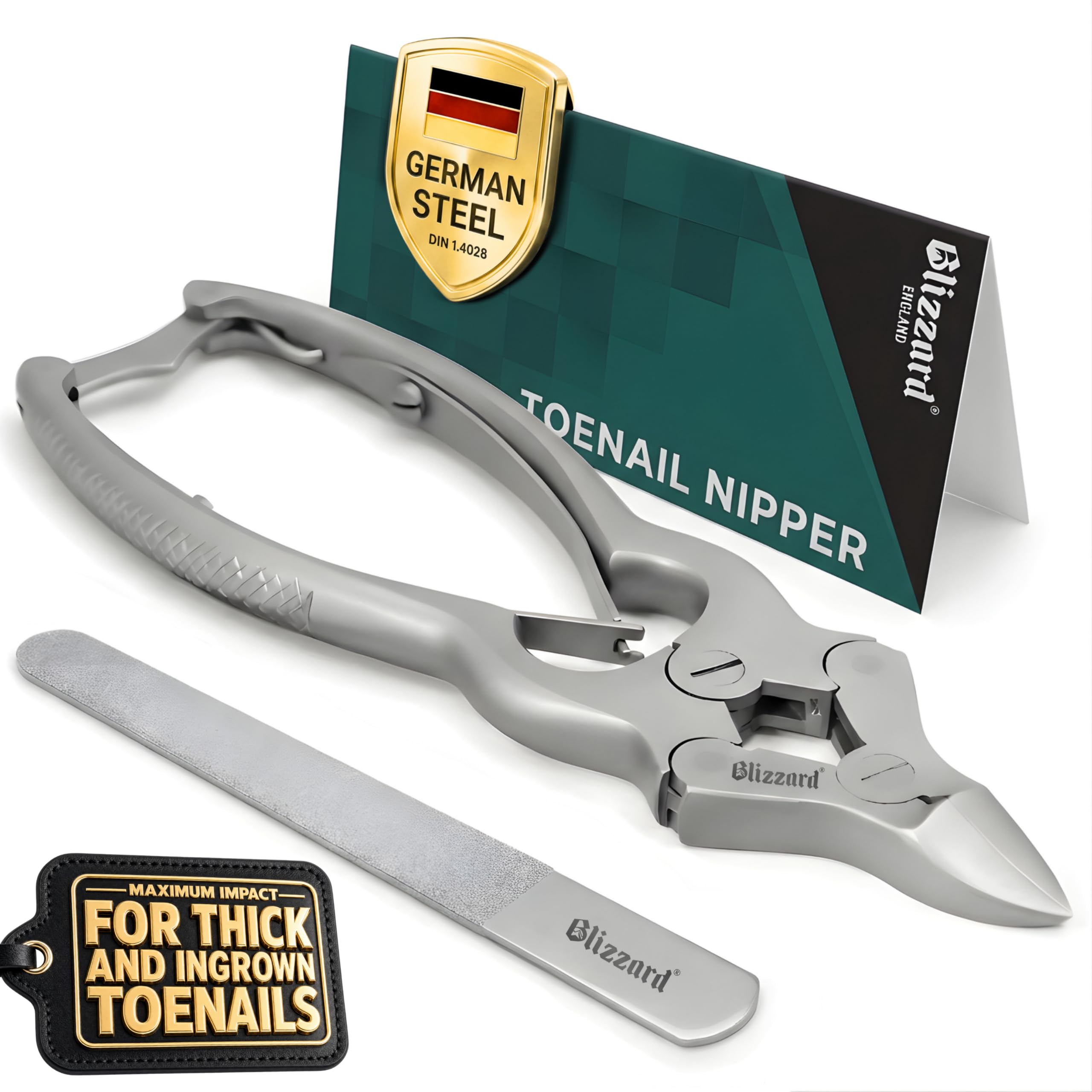 Blizzard Toe Nail Clippers for Thick Nails - Podiatrist Nail Nippers for Seniors - Heavy Duty Cantilever Toenail Clippers for Men - German Steel Podiatry Tool with Toenail File - 15cm Double Spring