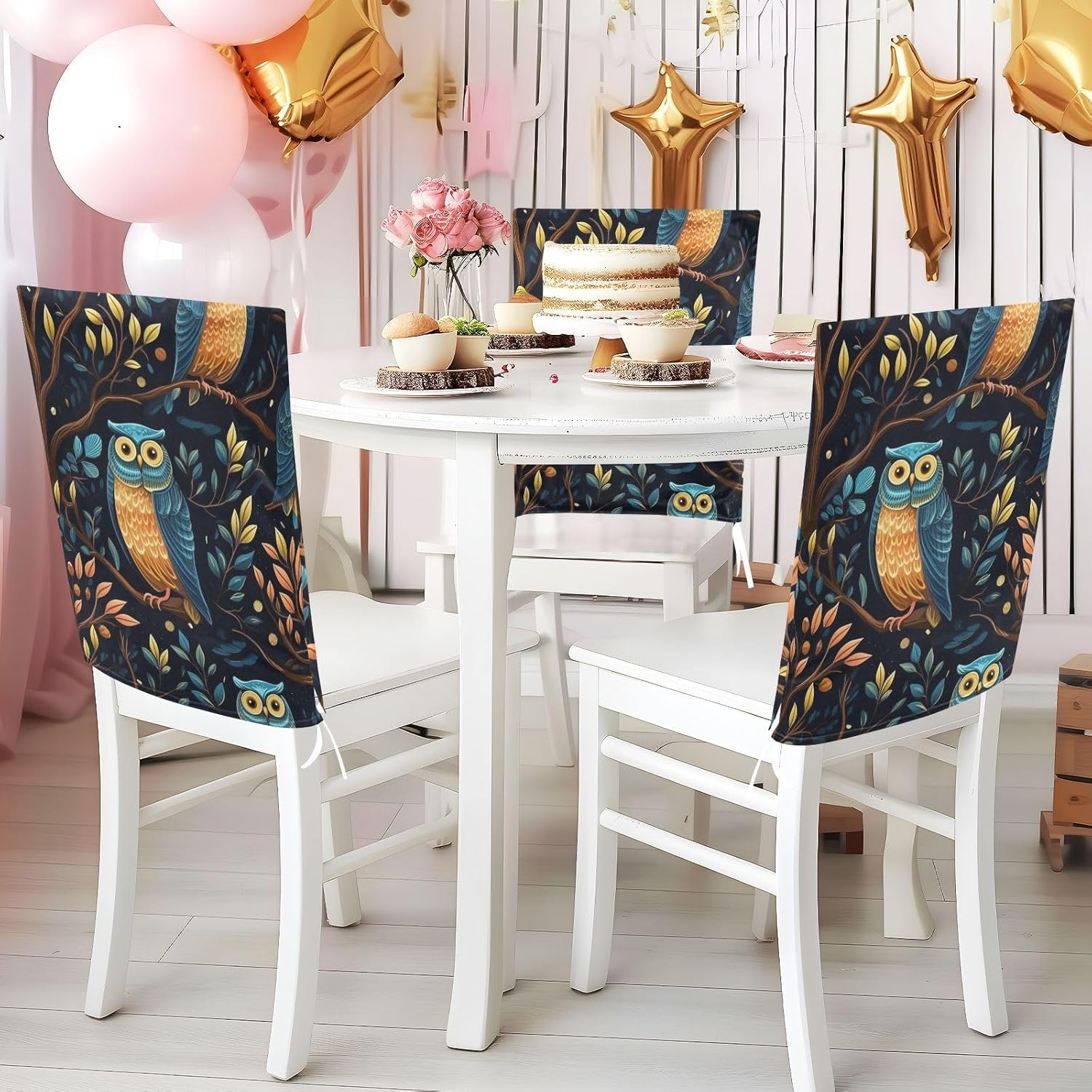 ALAZA Owl Colorful Leaves Chair Back Cover Set of 6, Washable Reusable Removable Chair Slipcovers Decorative Chair Cover for Home Kitchen Wedding Party
