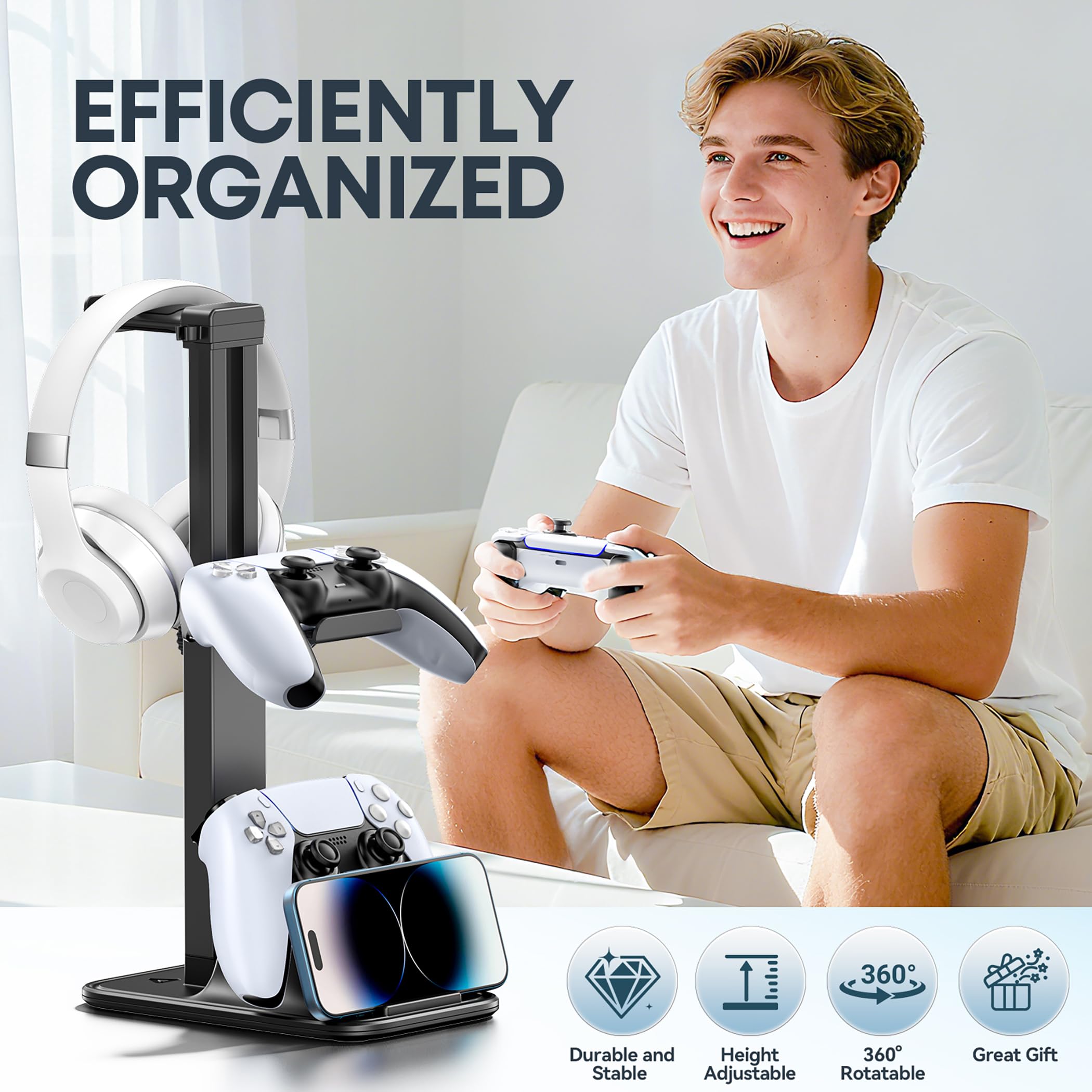 Supporto Cuffie e Joystick da Scrivania Regolabile in Altezza, Supporto Cuffie Gaming Ruotabile a 360° con Supporto per Cellulare e Dual Controller, Accessori Gaming Adatto a Tutte le Cuffi