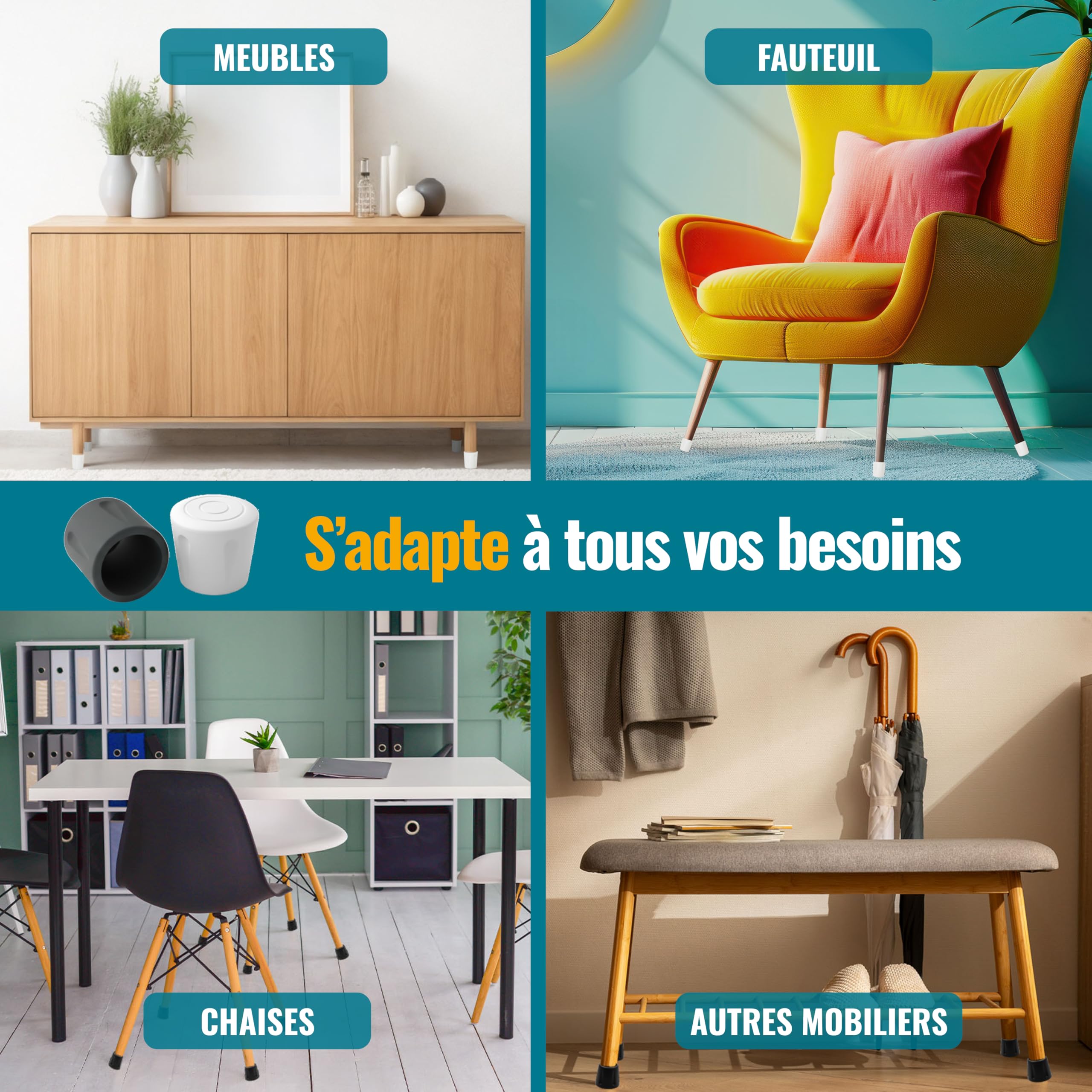 Ajile - 16 pcs - Protection Pied de Chaise et Table – Patins épais Antidérapants et Résistants - Embout à insérer - Protège Sols et Meubles - Tampon en Caoutchouc Noir Ø22 mm - Fabriqué en Europe