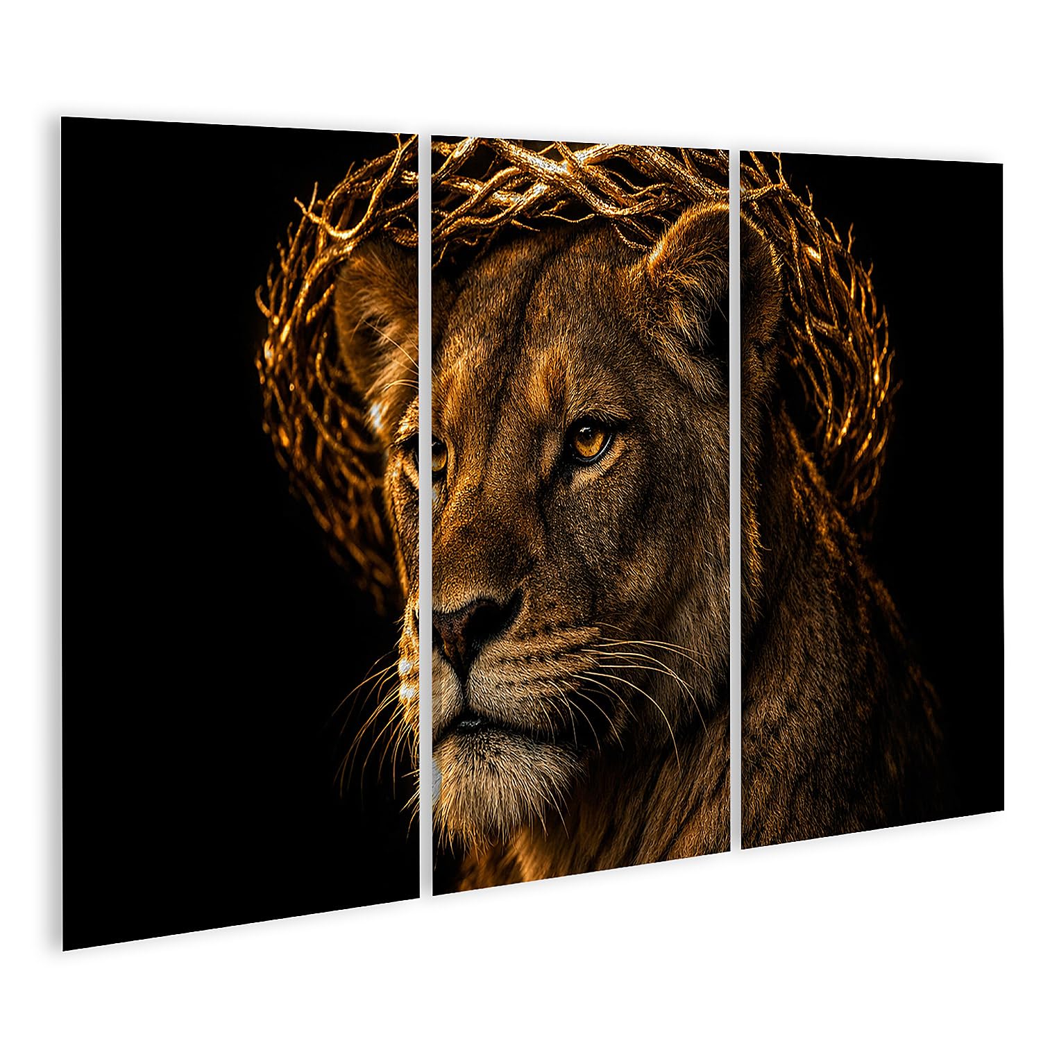 Tableau sur toile lionne avec couronne branches deco murale triptyque 3 pieces - 6
