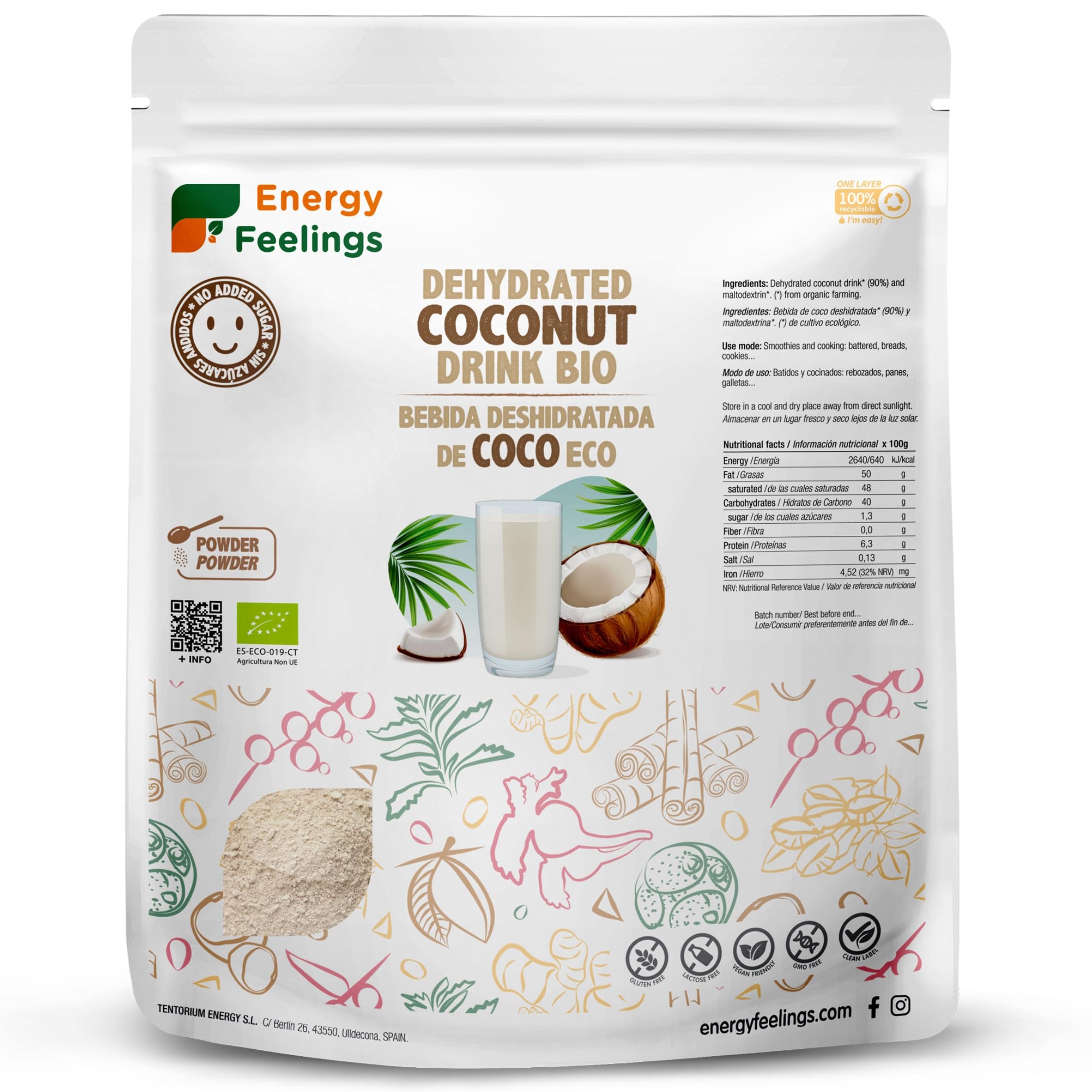Energy Feelings Bebida de Coco Deshidratada en Polvo Ecológica 200g, Leche en Polvo Sin Lactosa y Sin Azúcares Añadidos, Vegano, Eco Coconut Milk