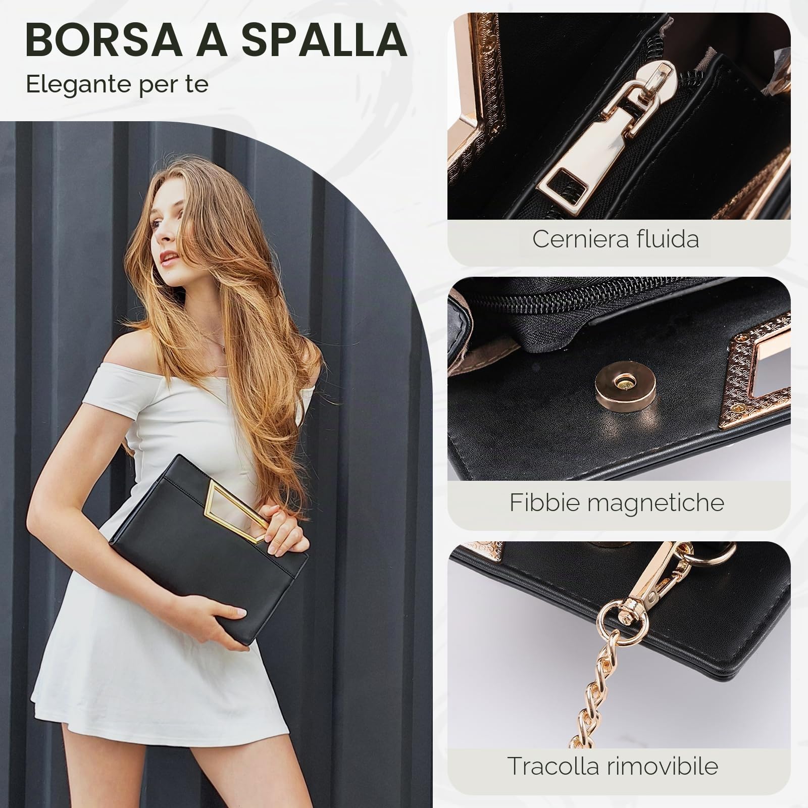 VX VONXURY Pochette Donna, Borsa Donna Elegante di PU Pelle Pochette e Clutch Piccolo Borsetta Tracolla con Catena Staccabile per Matrimonio, Festa, Cocktail
