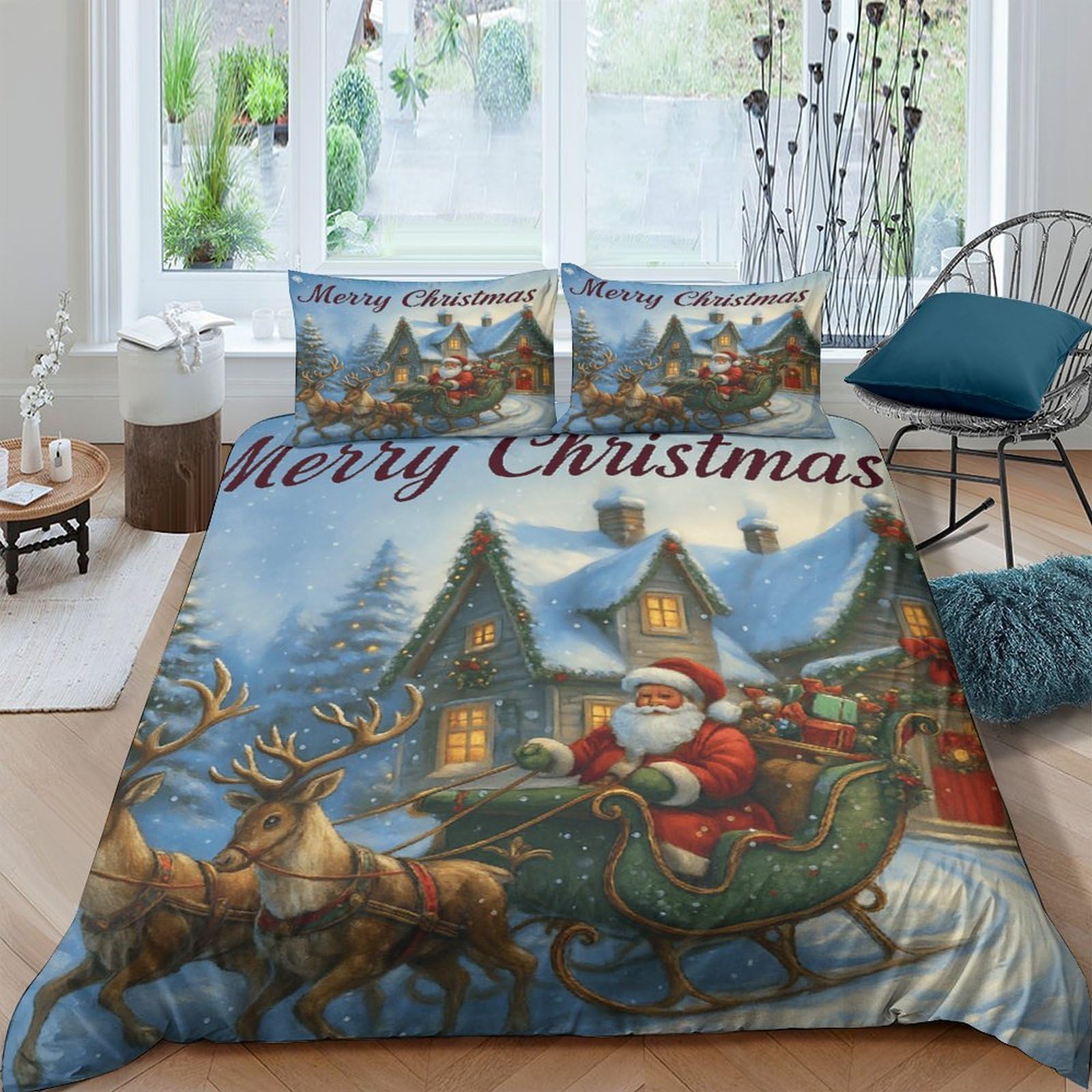Ctjqhvkz Style-2 3D Printed Christmas Santa Sleigh Fitted Sheet Microfiber Soft Snow Village Bed Cover For Bedroom Guest Room Decor Single（135X200cm）