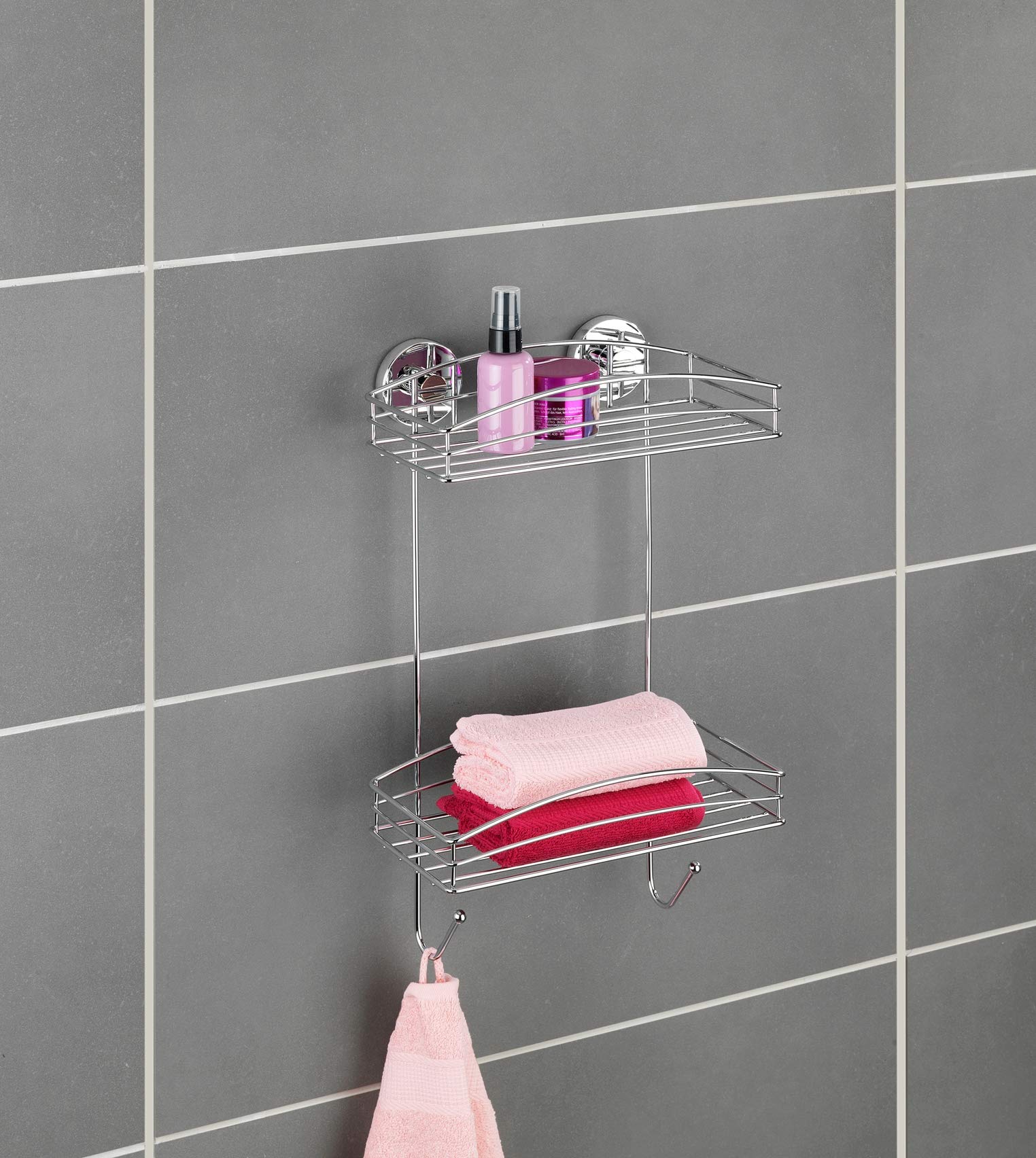 WENKO Wandregal Mod. Vacuum-Loc mit 2 Etagen und 2 Haken Duschablage ohne Bohren verchromtes Metall Drahtkorb-Design Maße 26 x 44 x 15,5 cm