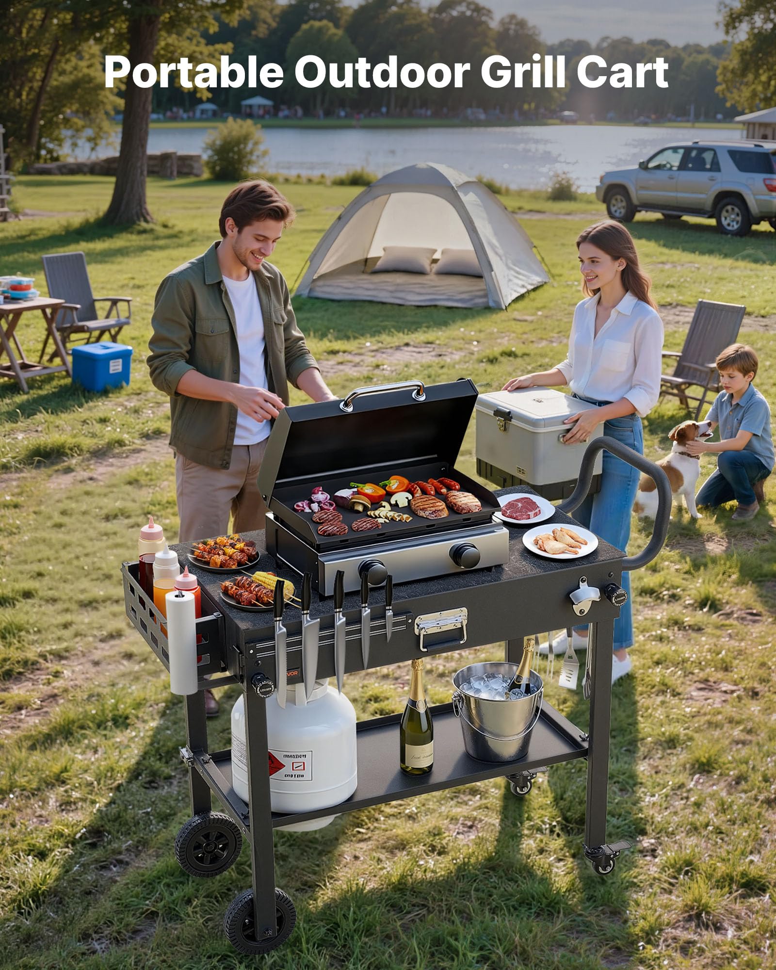 VEVOR Desserte de Jardin pour Plancha Pliable, Chariot de Barbecue Plan de Travail 78,7x43,2 cm, pour Préparation de Cuisine BBQ Terrasse Extérieur, avec Porte-essuie-Tout et Support pour Ustensiles